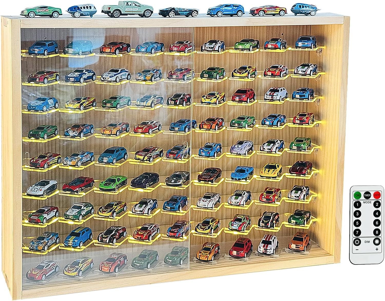 1/64 Model Car Display Case Large Wooden Box with Lighted Small Car Shelf Rack for Hot Diecast Wheels Toy Cars Cabinet with 81 Oblique Clear Parking Spaces (81 Parking)
