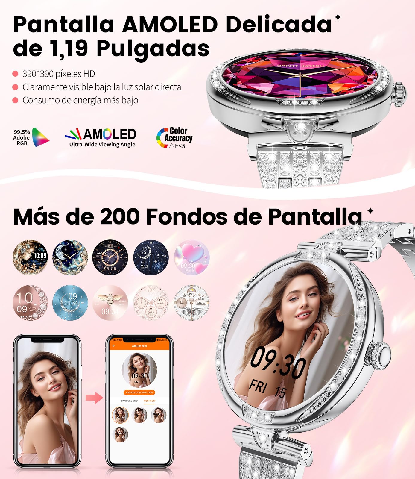 Reloj Inteligente Mujer con Llamadas Bluetooth, Pantalla AMOLED 1.19" HD,Monitor de Ritmo Cardíaco y Sueño,SpO2, 100+ Modos Deportivos,IP68 Resistente al Agua,Smartwatch Compatible con Android y iOS