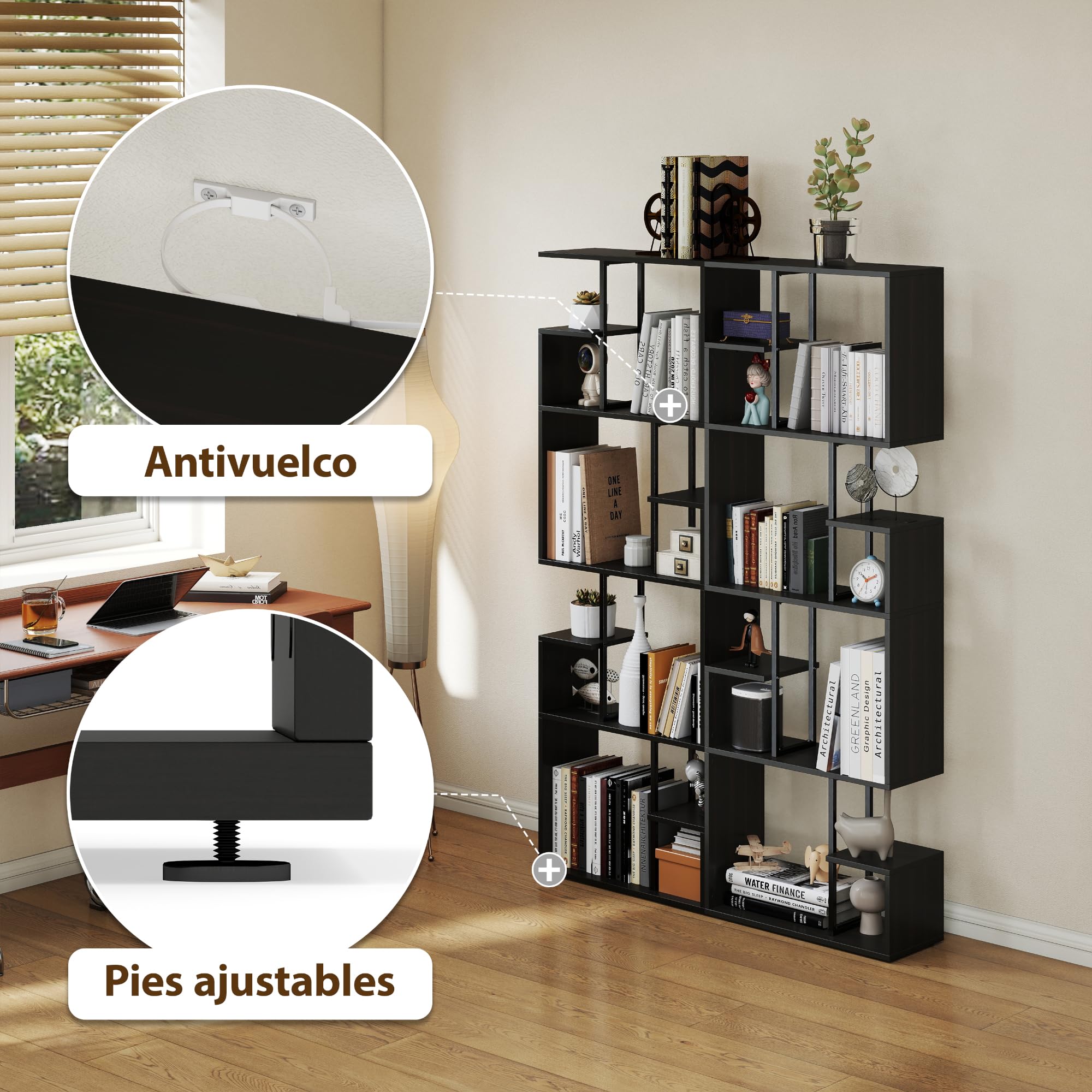 Manora Librería Estanteria con Almacenamiento, Librería En Forma De S De 4 Niveles, Estantes para Salón, Dormitorio, Estudio, 60 x 24 x 174cm, Negro y marrón (Negro y marrón, 60 x 24 x 174cm, 4)