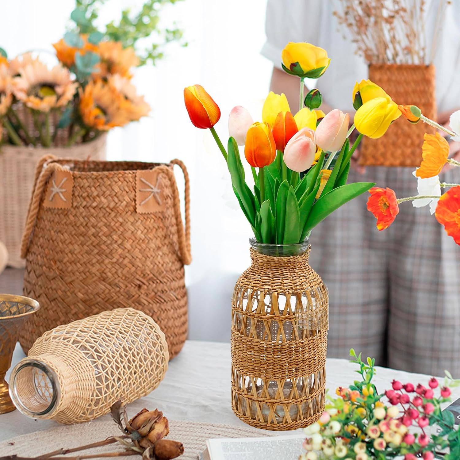 Straw Woven Glass Vase 8.06''x2.75''x4''Boho Glass Flower Vase Country Rustic Style Vase Glass Vase for Floral Arrangements Housewarming Party Home Decor (C Style 8.06IN)