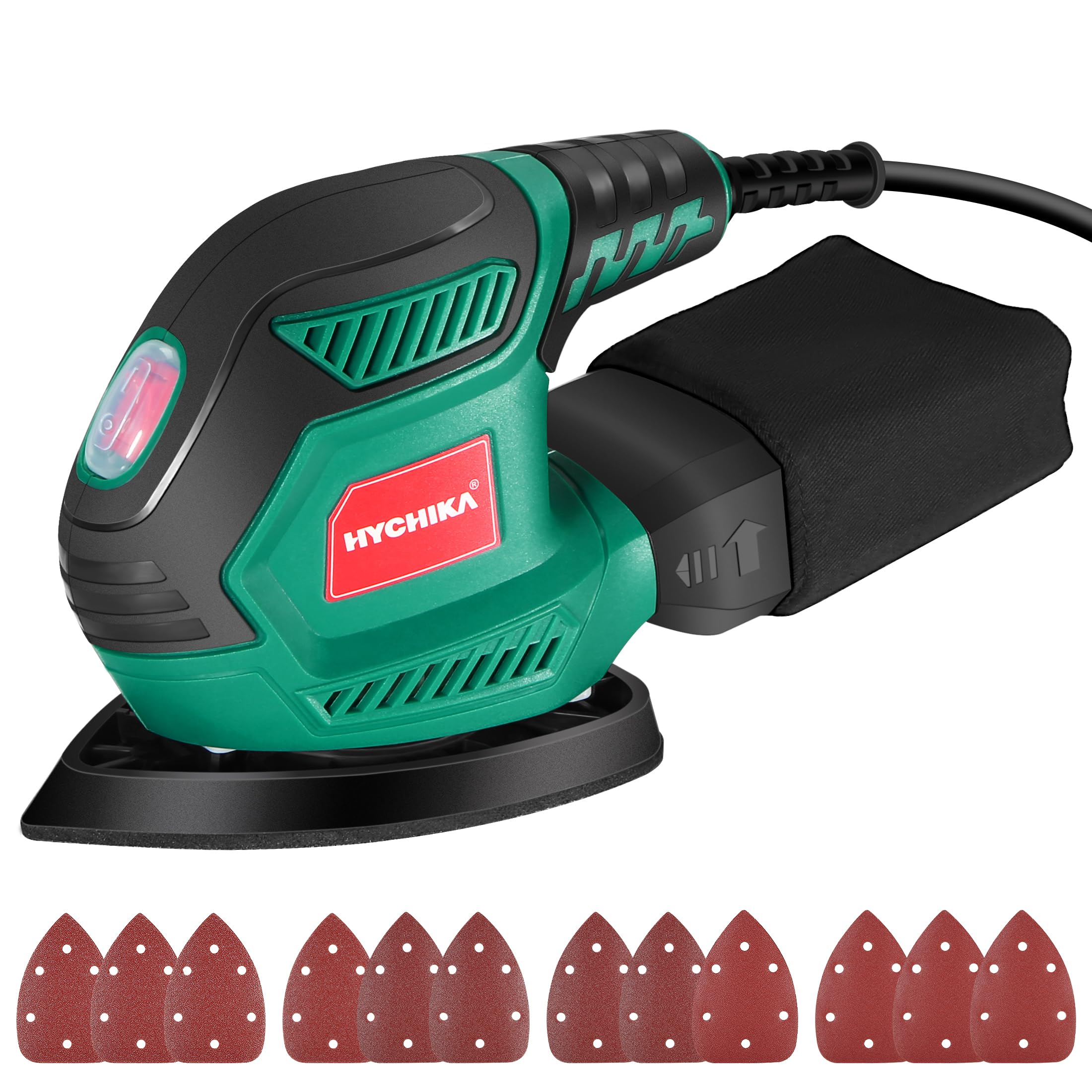 HYCHIKA Multischleifer, Deltaschleifer 200W, mit 12 Schleifblätter (Körnung 80/120/240), 14000 U/min, Klettfix-System, Staubsaugbeutel, Schleifmaschine für Ecke & Kante, Metal & Holz