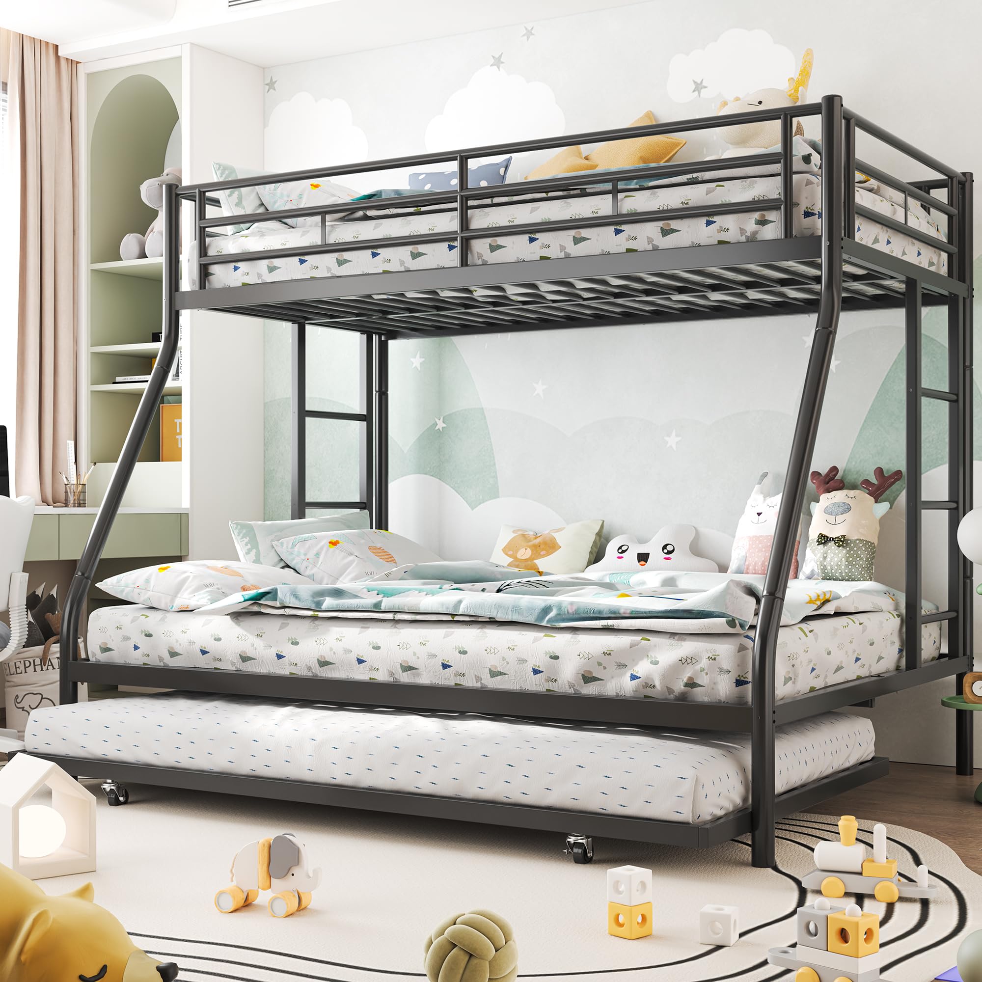 Shintenchi Bunk Bed Twin Over Full Size with Trundle, Black