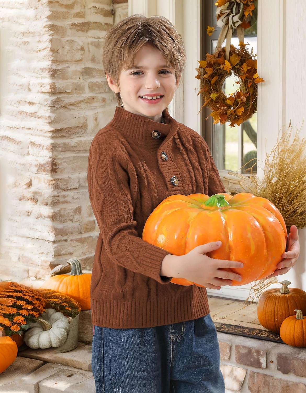 BesserBay Boys Winter Warm Cable Knit Button Down Sweaters Raglan Sleeve Mock Neck Cute Pullover 3-12 Years - Image 5