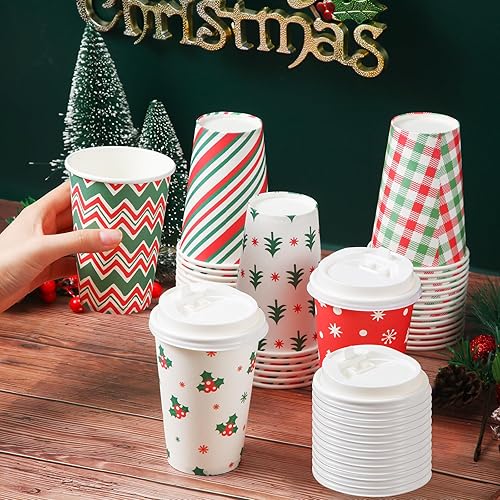 Miniatura 5 de Sliner Tazas de café desechables de Navidad de 12 onzas con tapas, bebidas frías y calientes, tazas de café de papel para fiestas, té, viajes,