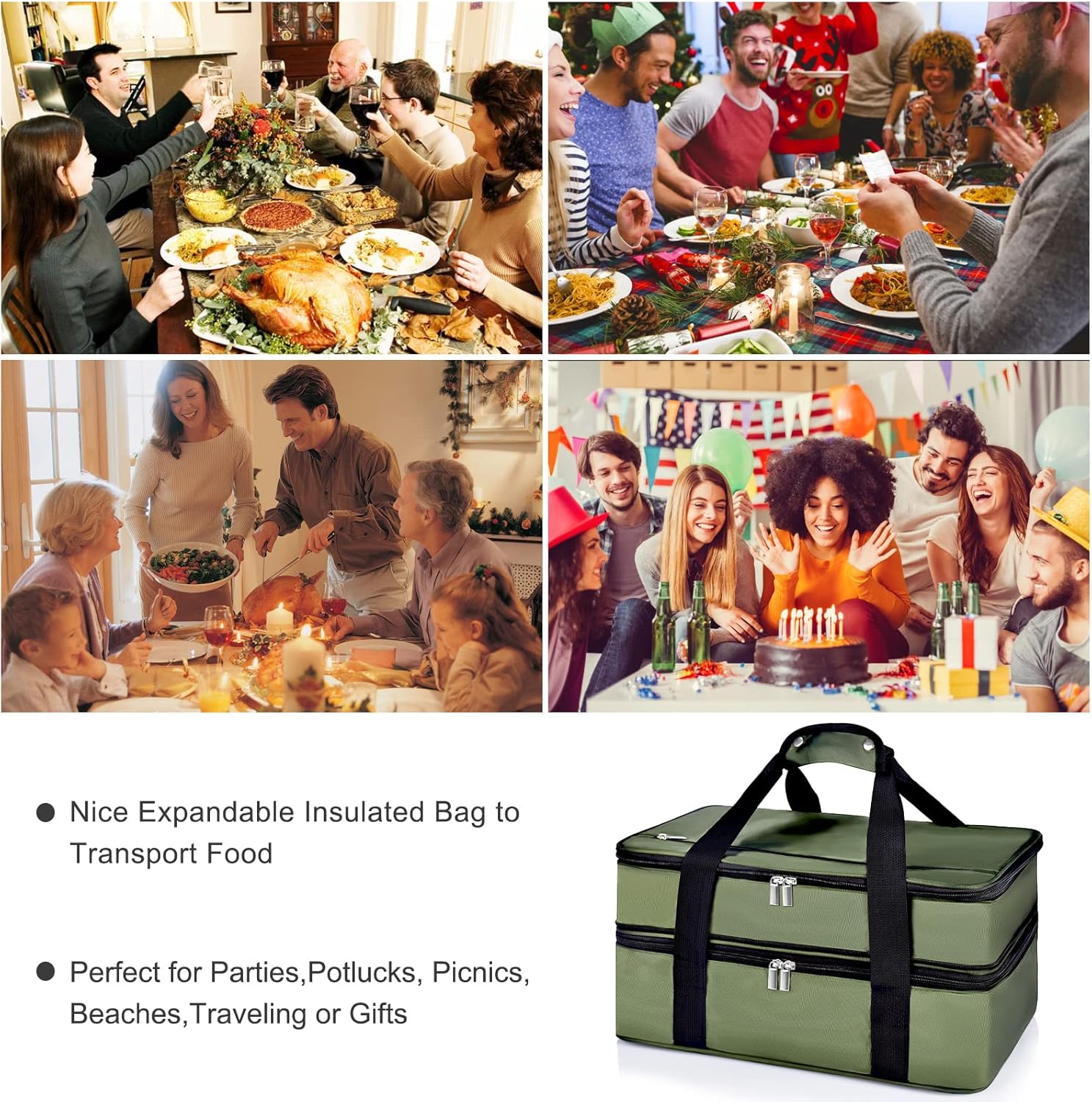 Casserole Carrier for Hot or Cold Food,Genteen Expandable Double Decker Insulated Casserole Carrier with Silicone Hand Protectors-Fits 9“x13” Baking Dish-Lasagna Holder Tote for Parties Potluck Picnic