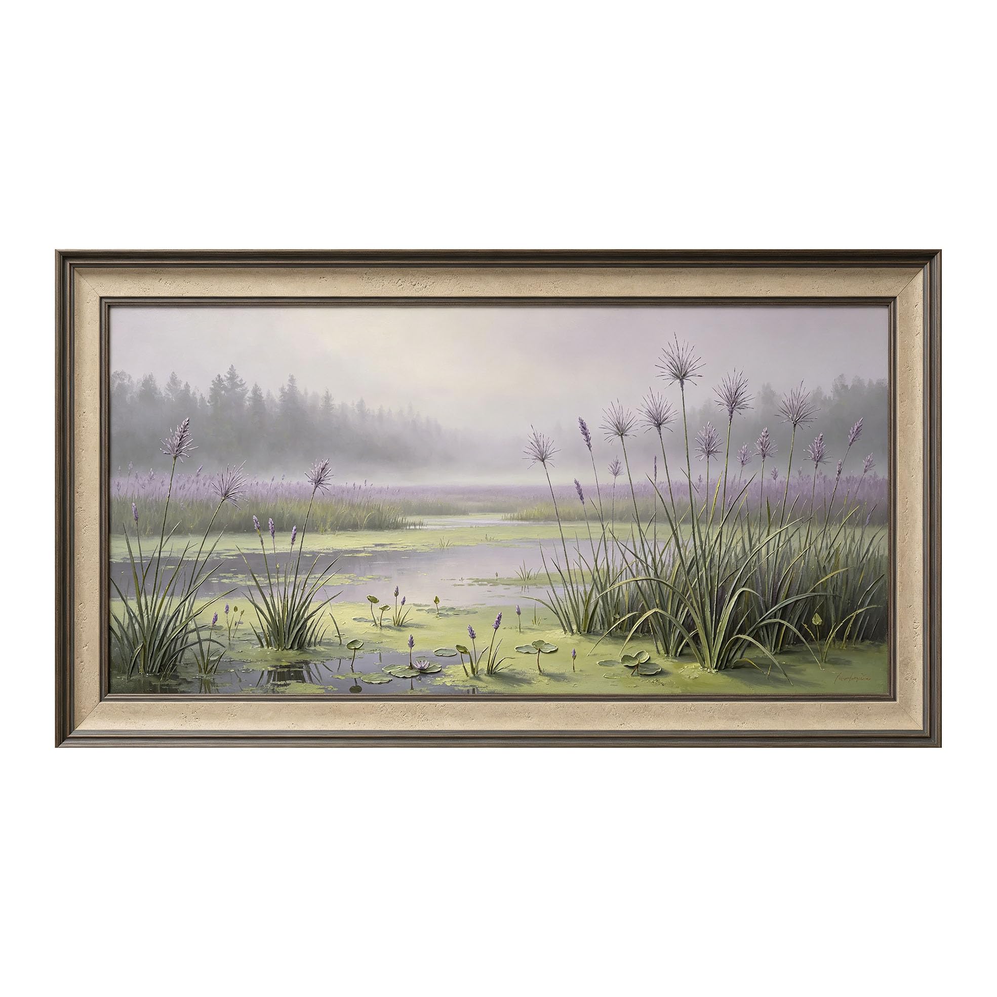 Yzpallescene 3D Framed Wall Art 50cm×100cm Misty Wetland Lake Botanical Oil Painting Panoramic Landscape Large Size SelfAdhesive Removable Wall Decor Prints Artwork for Living Room Bedroom Office