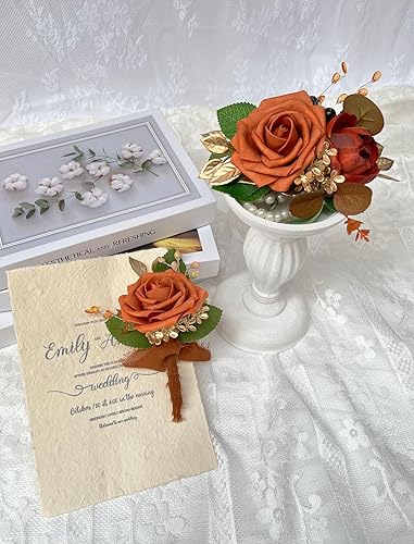 Miniatura 3 de CherishedMoments Juego de ramillete de peonía de rosa artificial hecho a mano y ramillete de muñeca de peonía de color naranja quemado para boda,