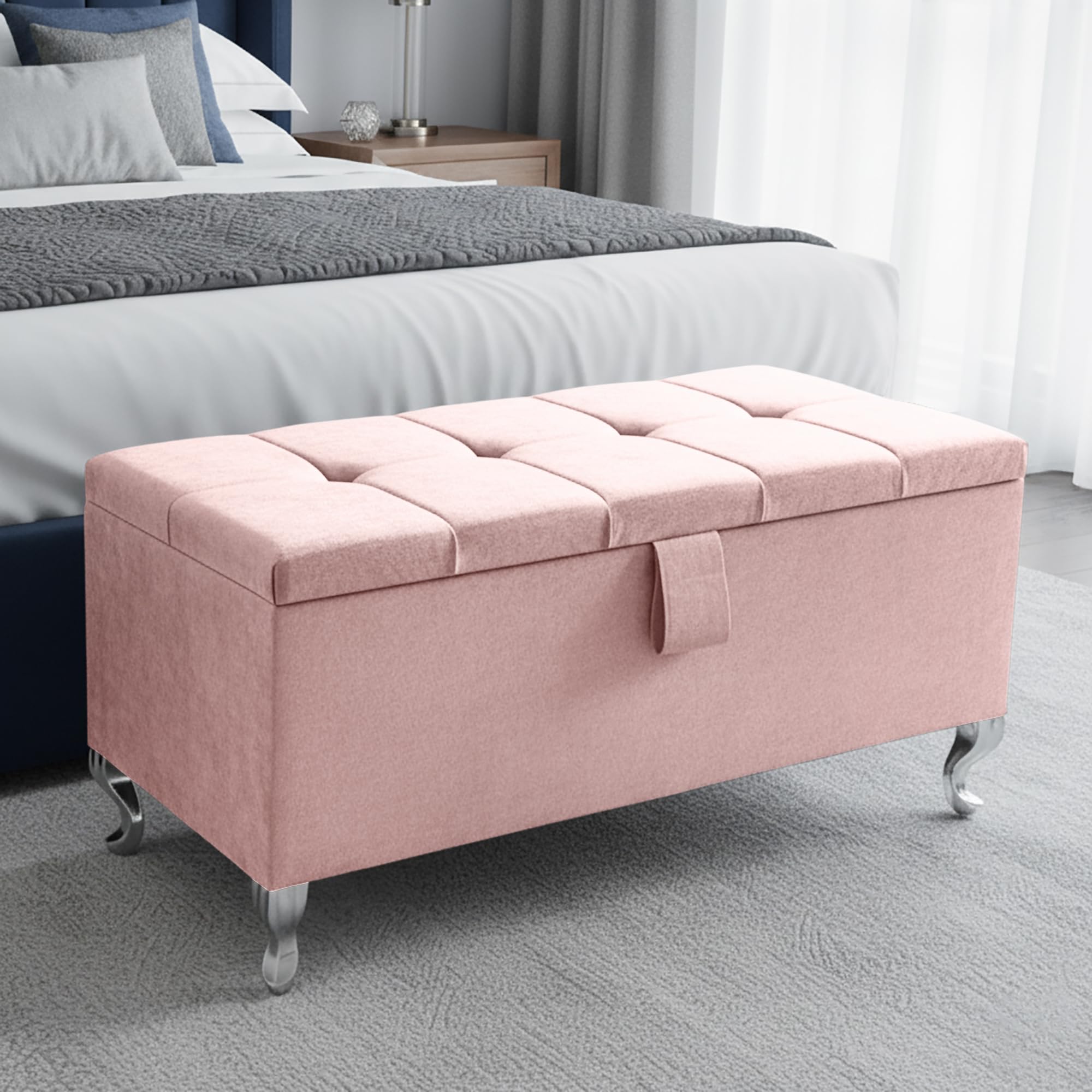 Harveys Large Cube Velvet Ottoman Storage Box, Silver Legs, Pink