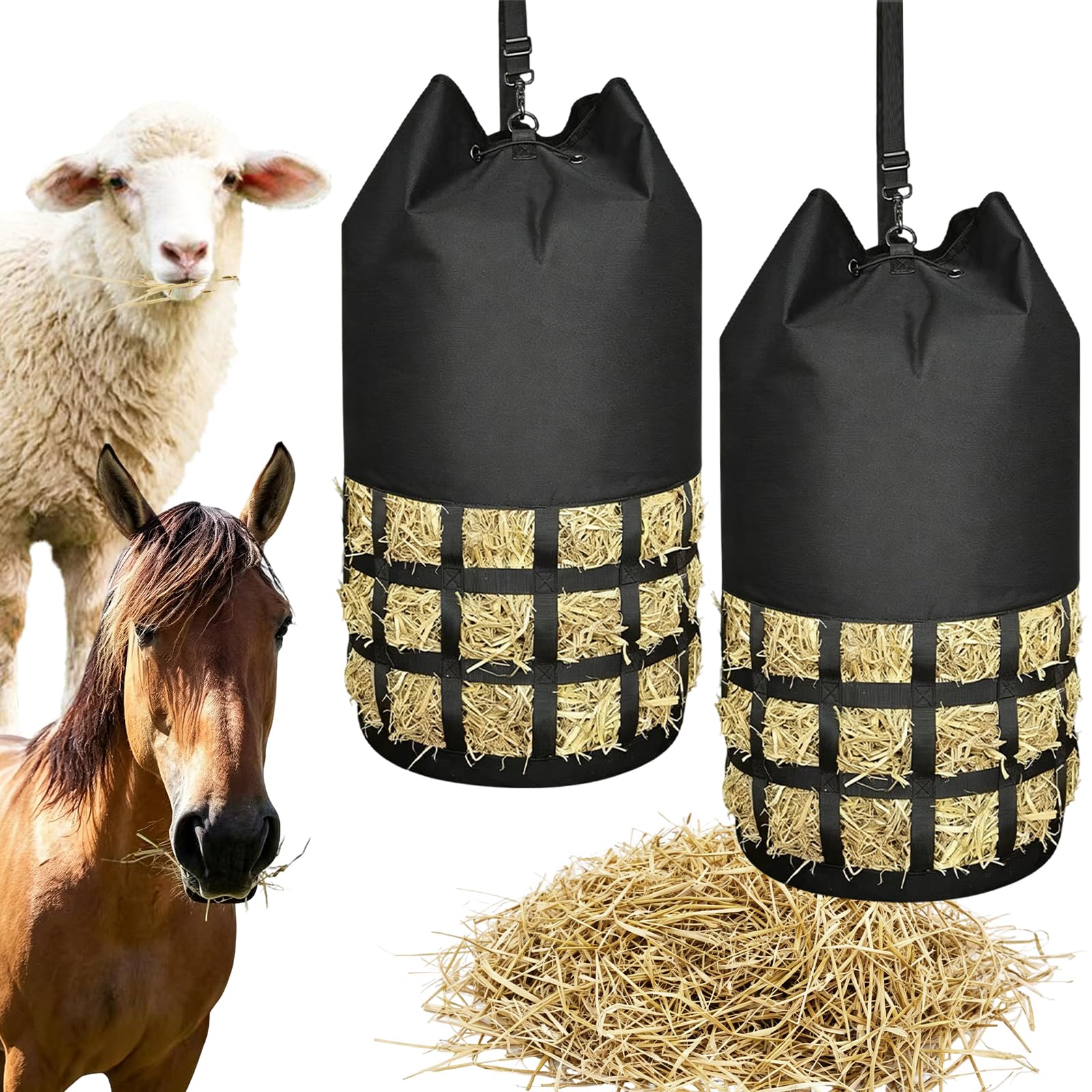 2 PCS Heusäcke für Pferde, mit Haken, 6,5 cm Maschenweite, 10 kg Fassungsvermögen, Heunetz / Slow-Feeder Heusack, XXL Heusack, robust & wetterfest, für Pferde, geeignet für Stall, Weide und Transport