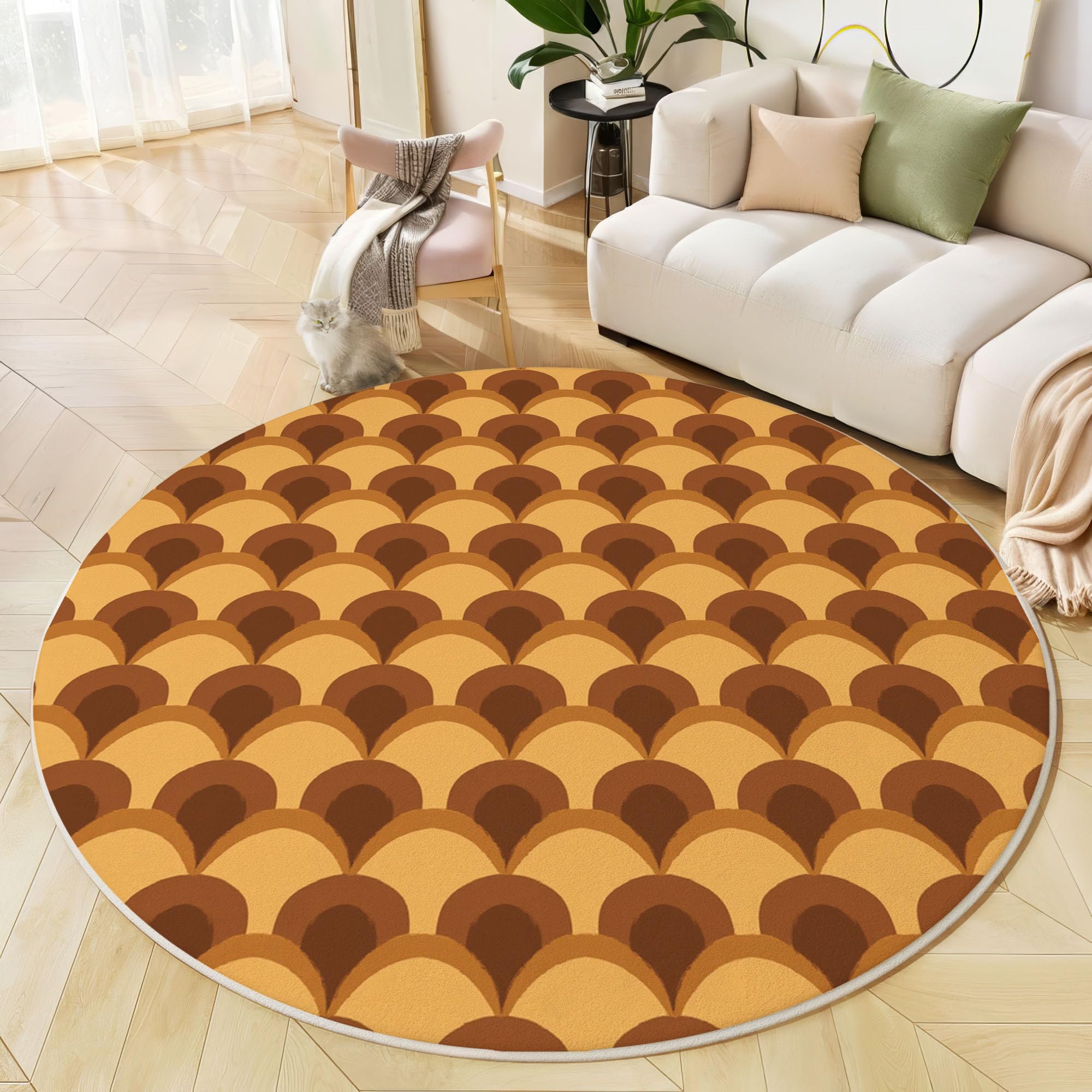Tapis rond facile à nettoyer 160 cm géométrique antidérapant marron orange