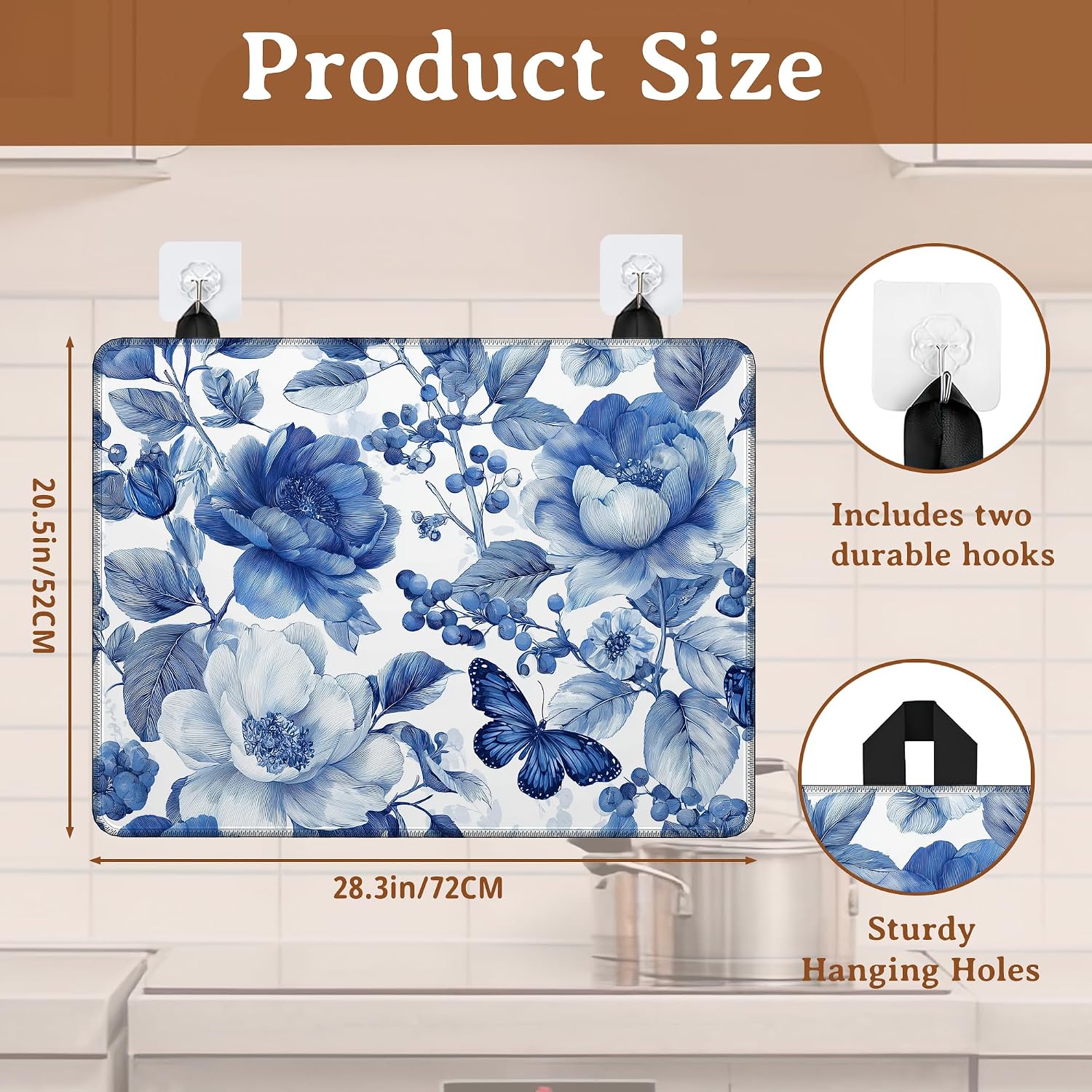 Blue Flower Stove Top Cover for Electric Stove,Butterfly Heat Resistant Glass Cooktop Cover for Kitchen Countertop Protector Dish Drying Mat 28.5×20.5in