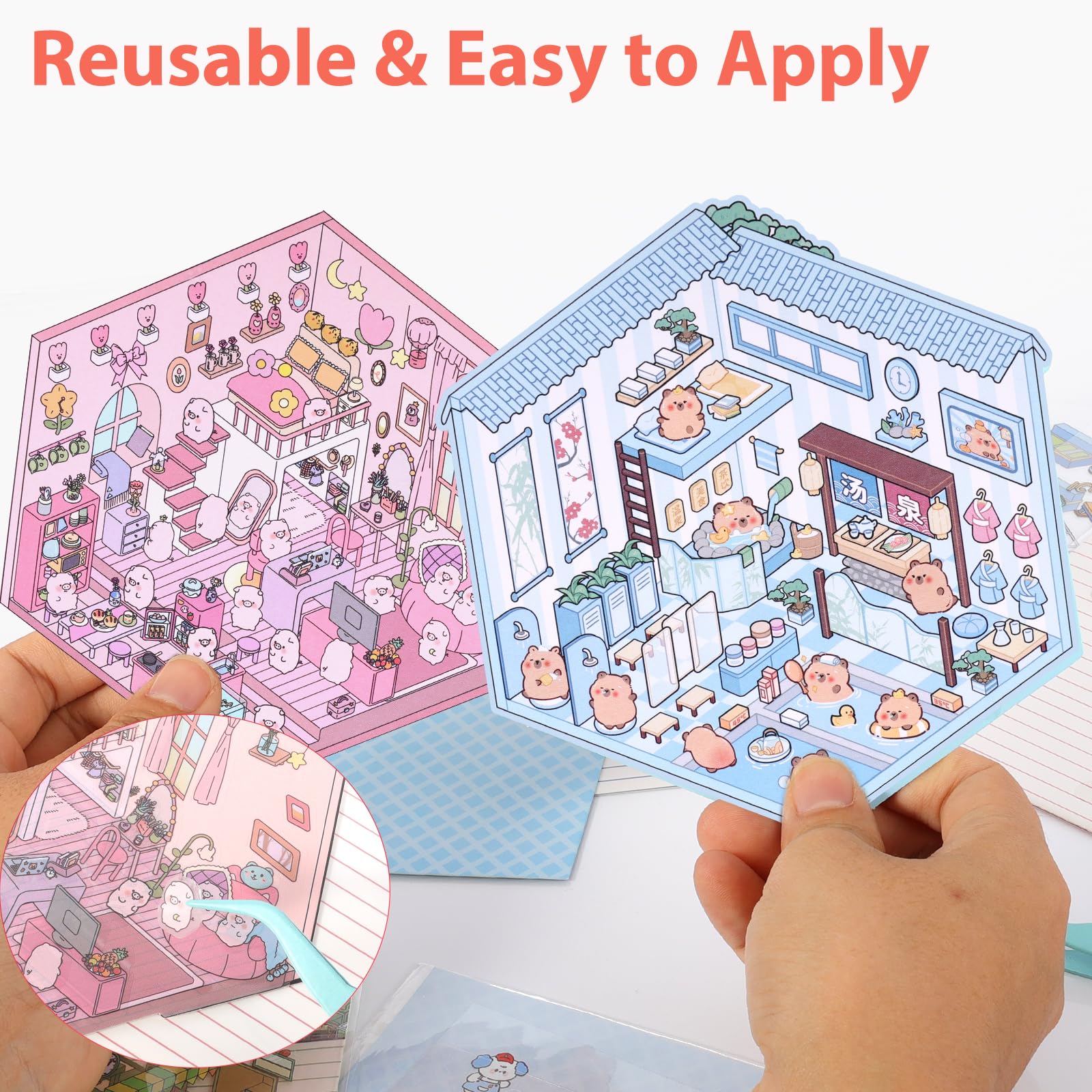 Kit De 6 Autocollants 3D Miniature – Scènes DIY Avec 2 Pincettes – Supermarché, Fête, Restaurant, Etc.