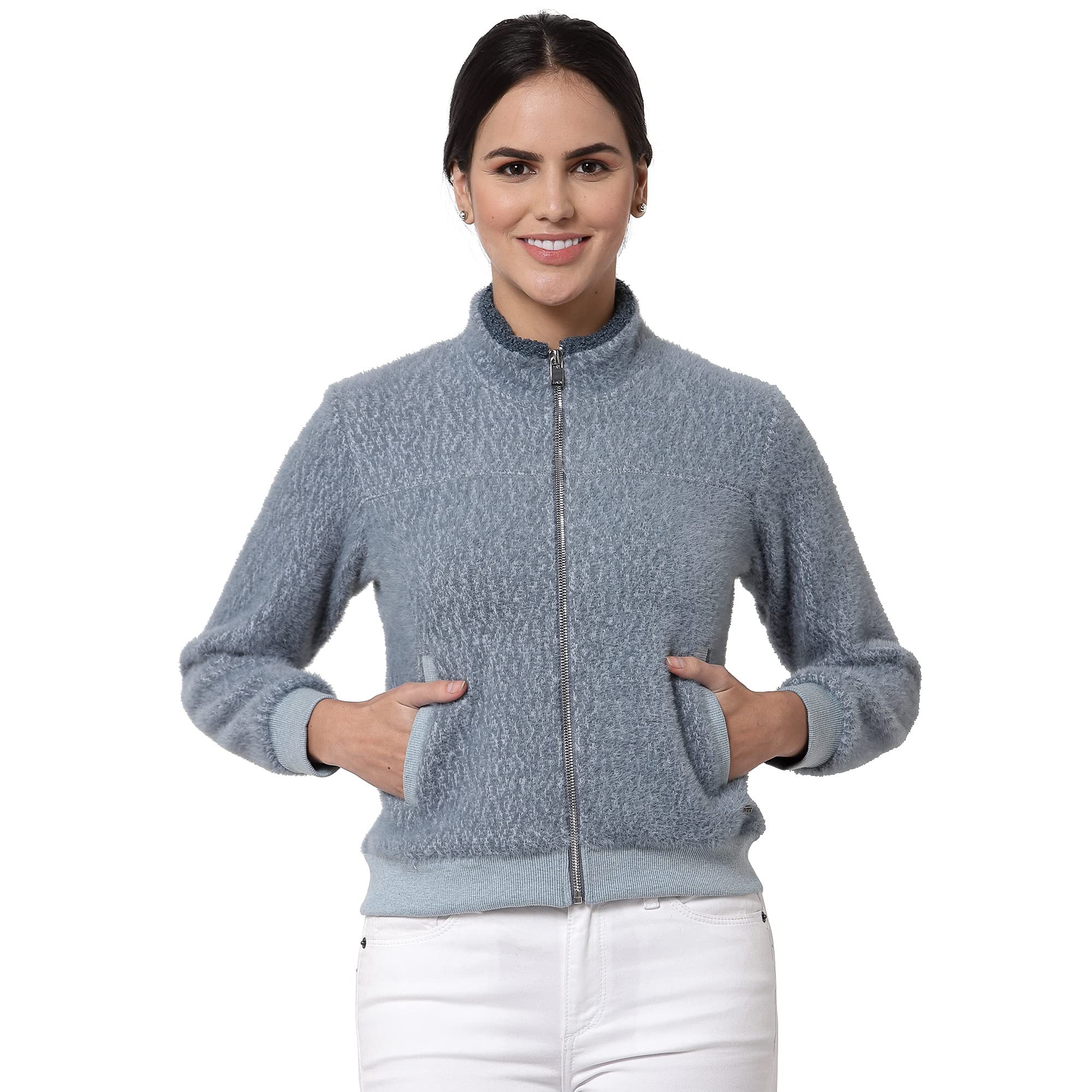 Juelle Women Textured Blue Collar Neck Fleece Sweatshirt
