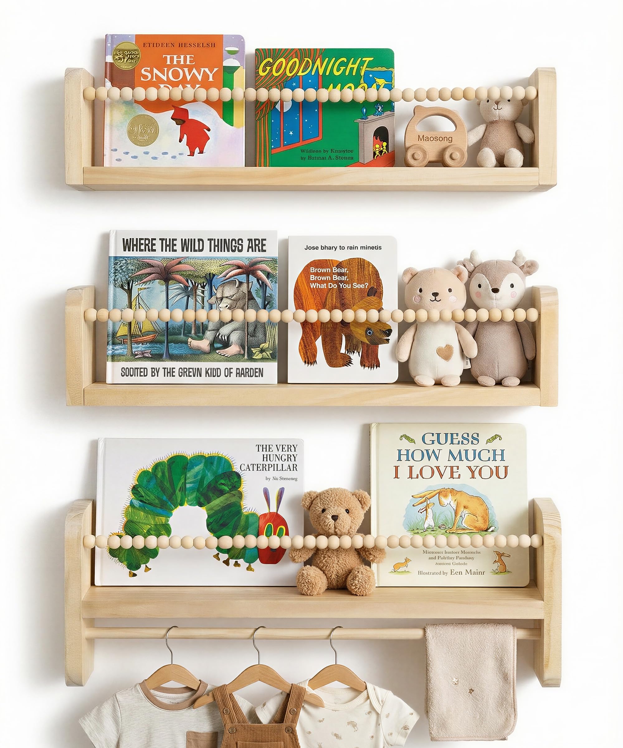 Estantería de pared de madera para habitación de los niños, juego de 3 estanterías flotantes, estantería de almacenamiento para niños, baño y sala de estar