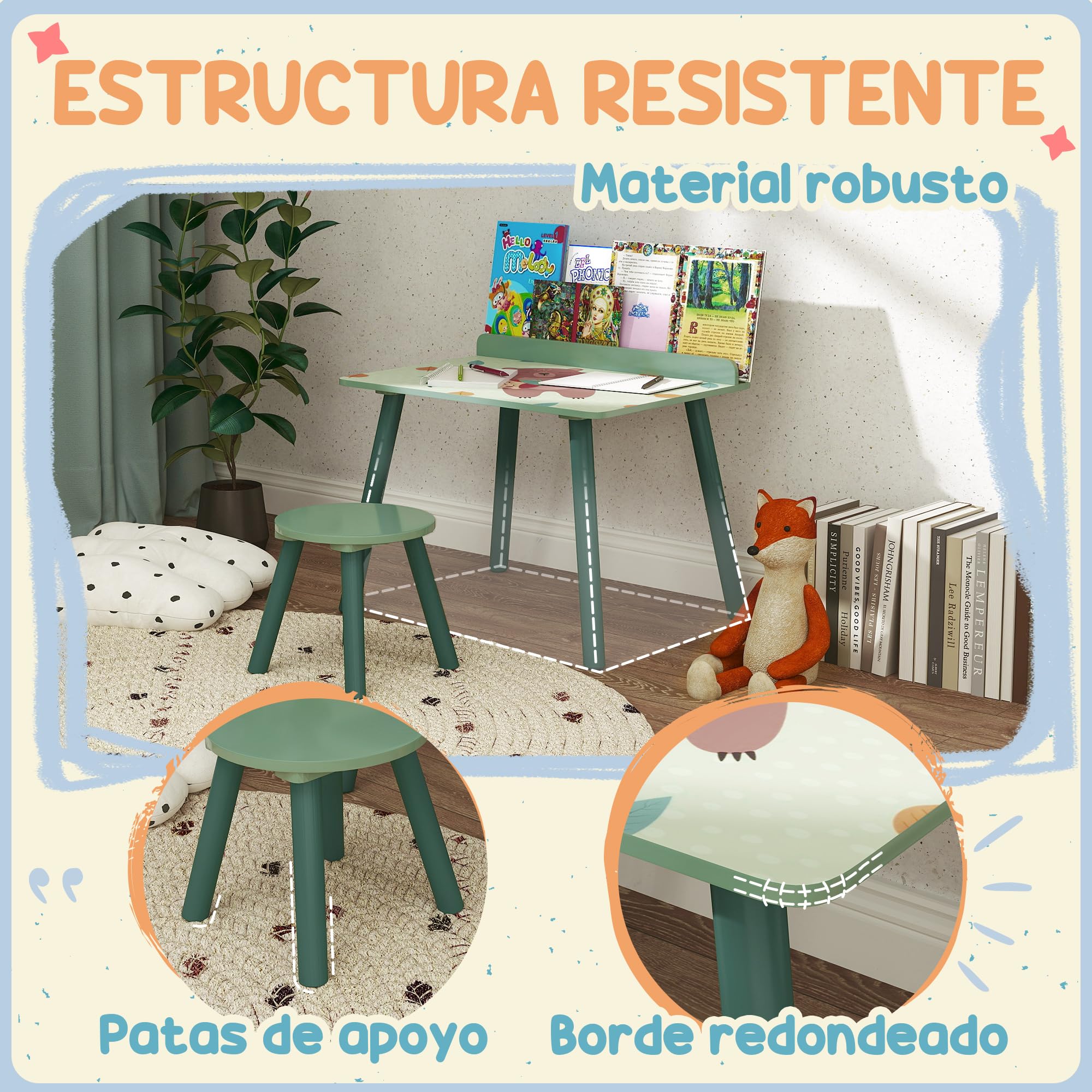 AIYAPLAY Mesa y Silla Infantiles de 2 Piezas Mesa Infantil con Silla y Estante para Libros Escritorio para Niños de +3 Años para Sala de Juegos Verde
