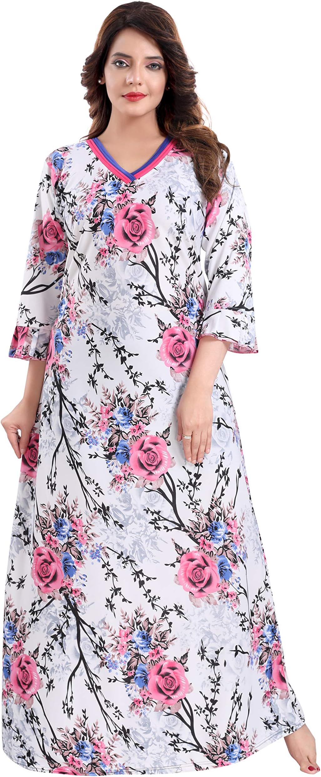 Fabme Women's Crepe Printed Flare Nighty with Long Sleeves/Night Gown/Nightwear/Maxi