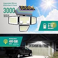 Vista 2 de Luces solares para exteriores - 3000 lúmenes, 188 LED con sensor de movimiento para exteriores, luz de seguridad de 4 cabezas, IP65 impermeable