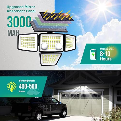 Miniatura 2 de Luces solares para exteriores  3000 lm, 188 luces LED con sensor de movimiento, 4 cabezales IP65, luces de inundación de seguridad alimentadas a