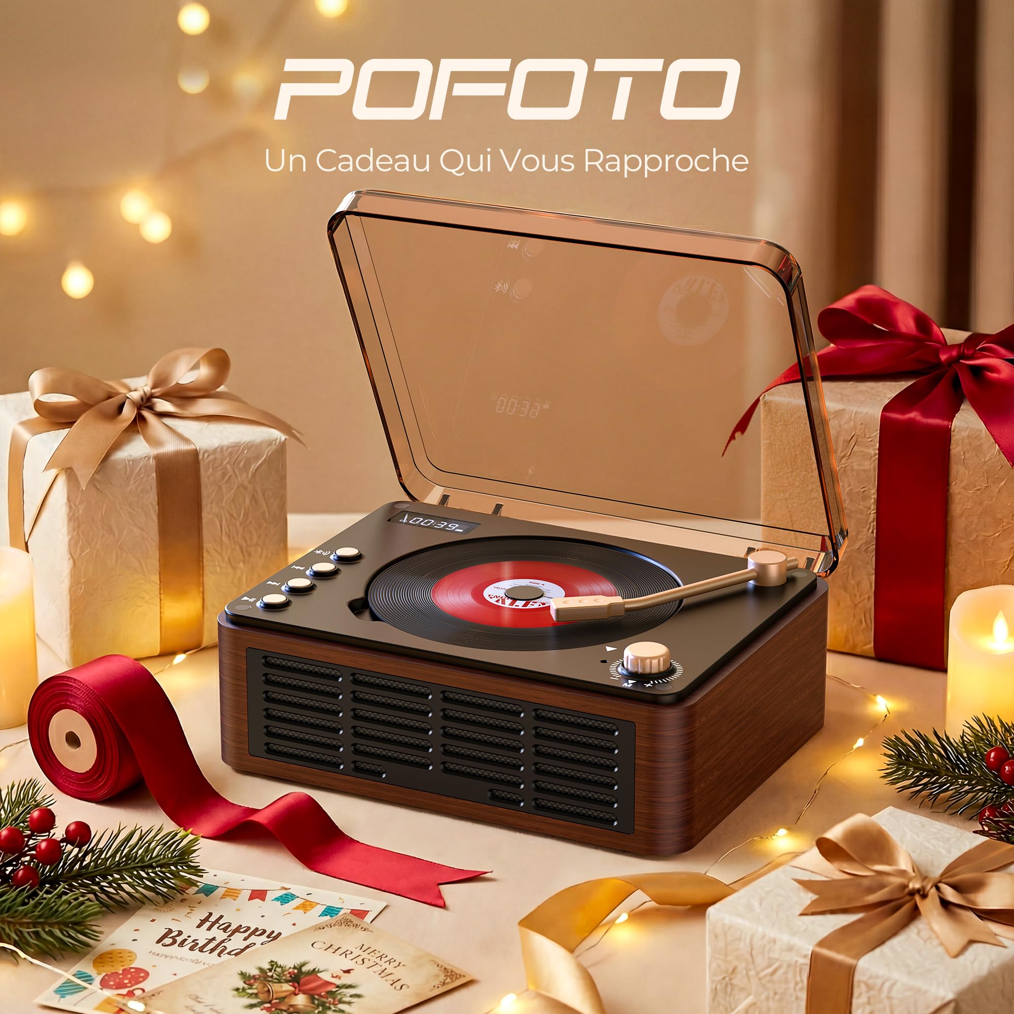 POFOTO Lecteur CD Portable Multifonction, Enceinte Bluetooth Rétro, Batterie Rechargeable 3600mAh, avec Radio FM/Preset EQ/USB/AUX, Écran LCD, Double Haut-Parleur, Télécommande – Maison ou Cadeau