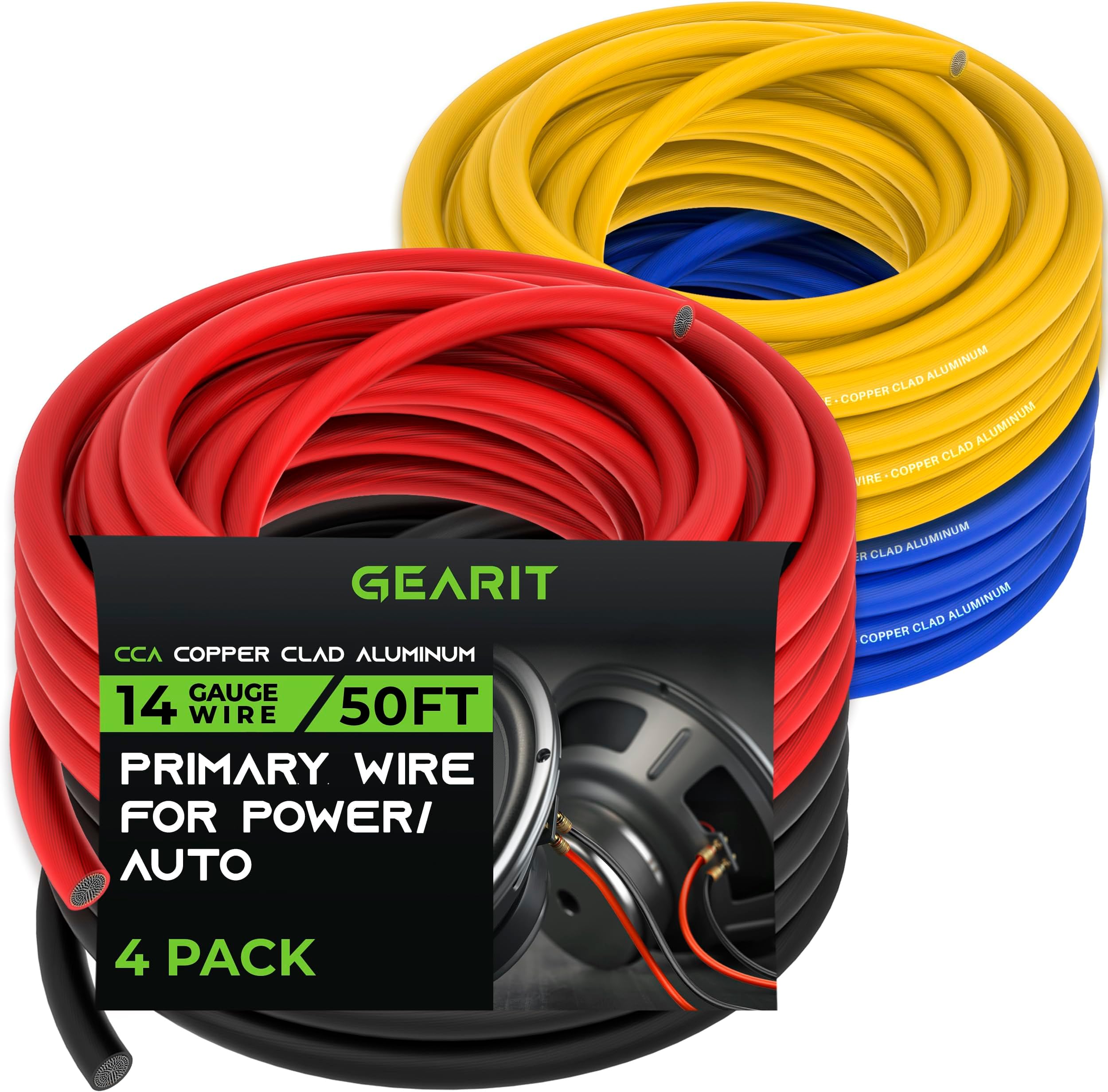 GearIT Primary Automotive Wire 14 Gauge (50ft Each- Black/Red/Blue/Yellow) Copper Clad Aluminum CCA - Power/Ground Battery Cable, Car Audio, Wire, Trailer Harness, Electrical Wire - 200 Feet Total