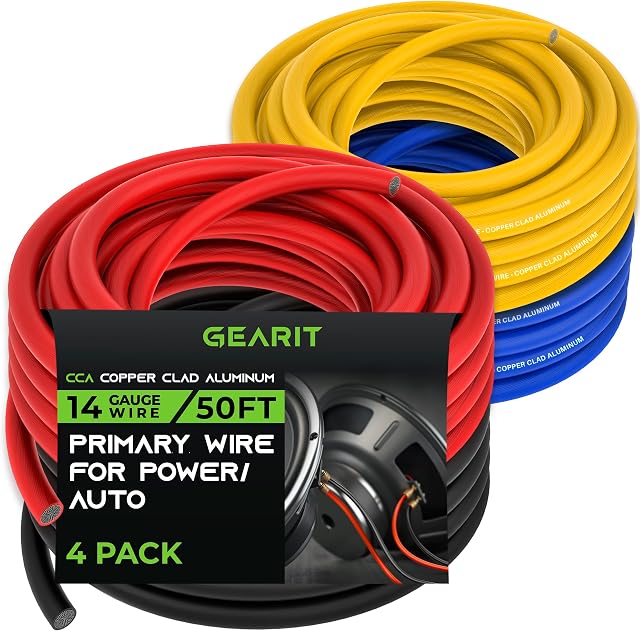 GearIT 14 Gauge Wire (50ft Each- Black/Red/Blue/Yellow) Copper Clad Aluminum CCA - Primary Automotive Power/Ground Battery Cable, Car Audio, Trailer Harness, Electrical - 200 Feet Total 14ga AWG Wire
