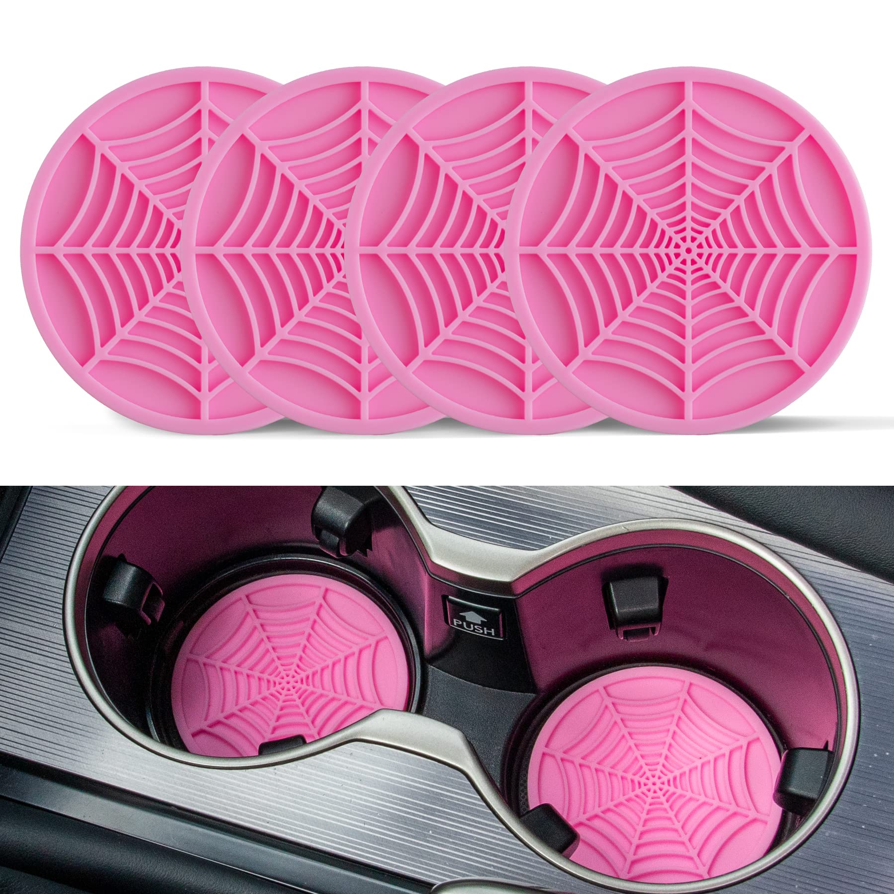 4PCS Spider Web Car Coasters for Cup Holders, Halloween Funny Non-Slip Silicone Insert Ornaments Coasters, Automotive Cupholder Goth Accessories for Men & Women(Pink)