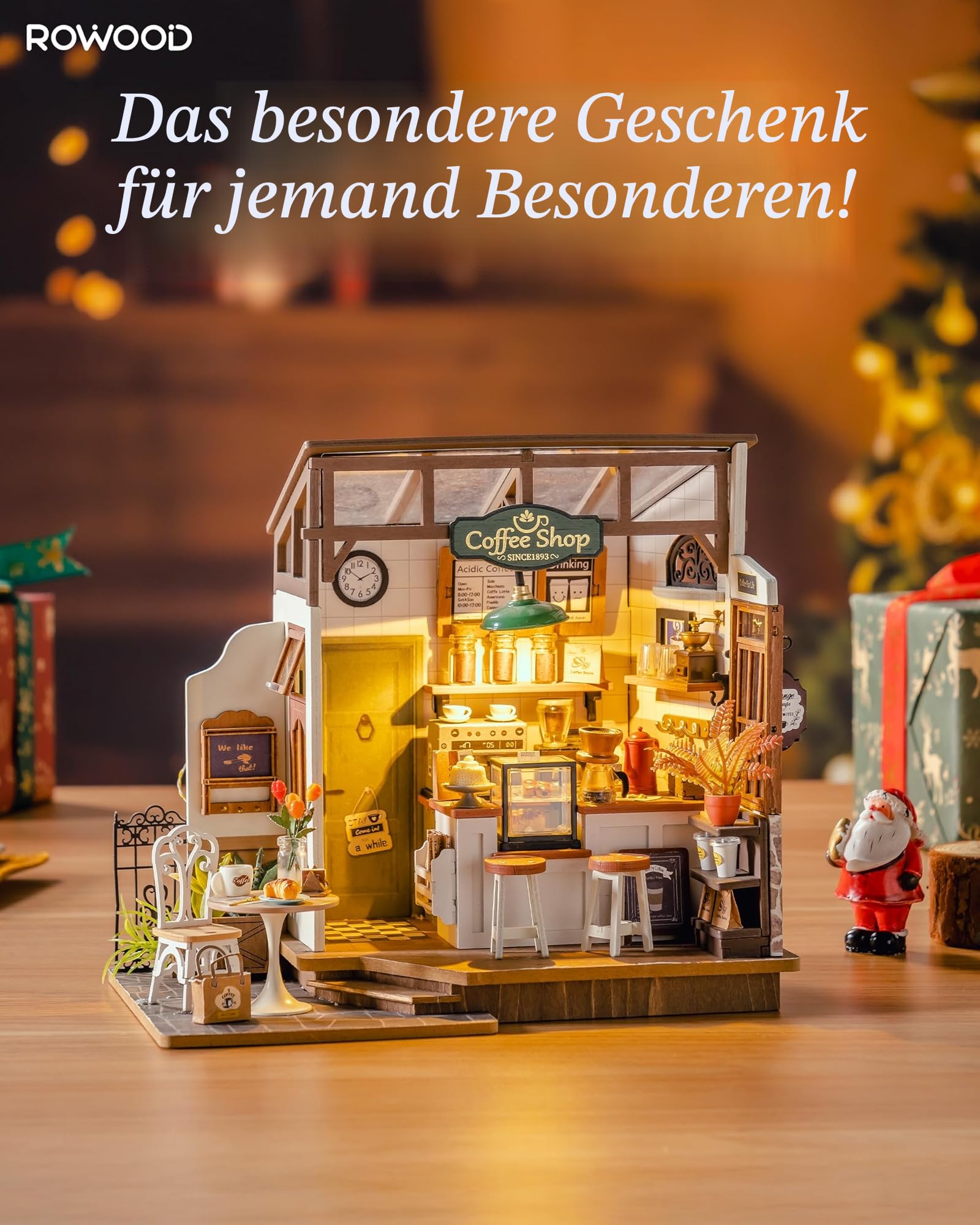 RoWood Café Miniatur Puppenhaus, DIY Basteln Bastelset für Erwachsene, Mini-Haus aus Holz mit Möbeln, Geschenk zum Geburtstag, Frauen, Mädchen