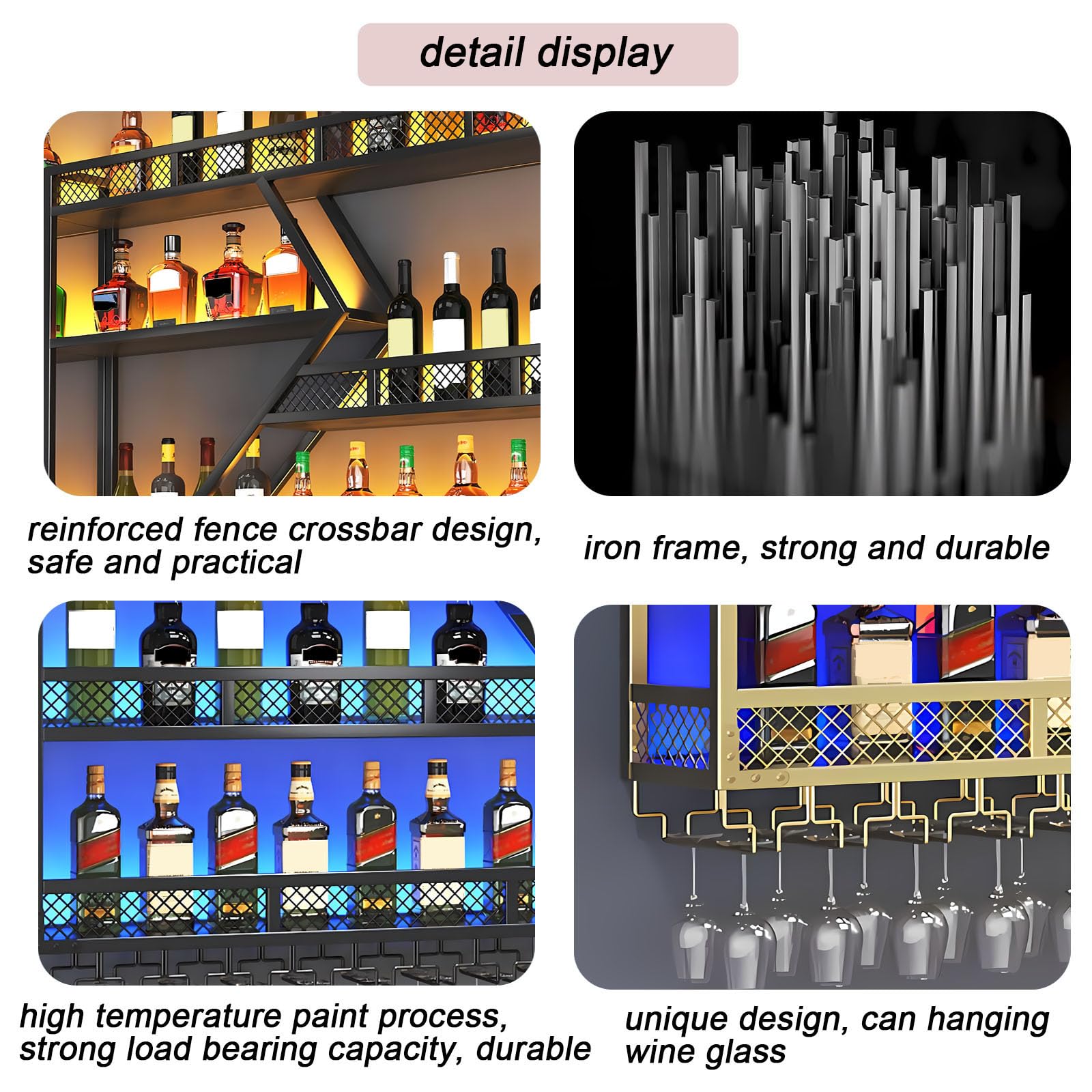 Weinregal zur Wandmontage mit Wein Glashalter, 3 Lagiger Großes Industriell Schwebende Wandmontage Weinflaschenhalter, Bar Multifunktionaler Weinpareite Display Rack (Schwarz, 4 Tier,200cm)