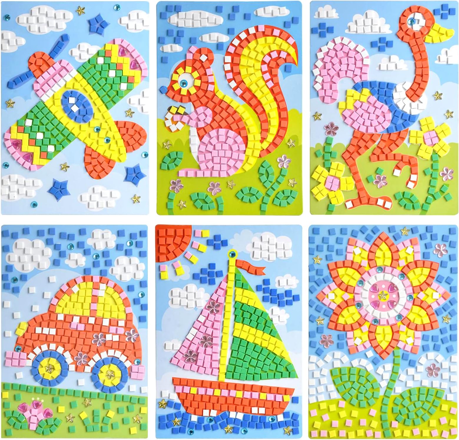 Mosaic Sticker EVA DIY Handmade Art Kits for Kids - Sunflower, Woodpecker, Hot Air Balloon, Butterfly, Giraffe, Sailboat