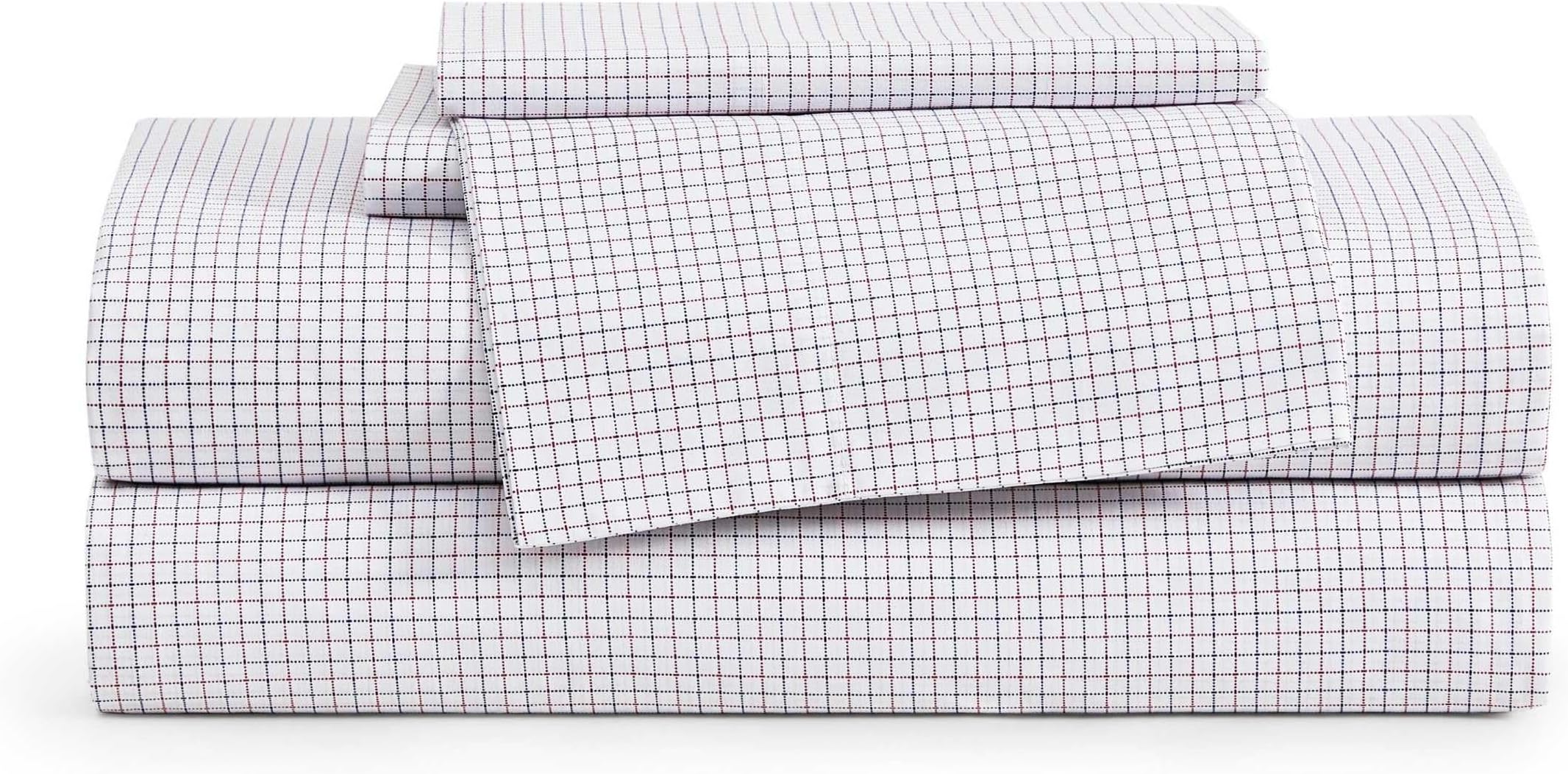 Full Size Sheet Set, Crisp & Tailored Cooling Sheets with a Smooth Cotton Percale Lightweight Feel - Bed Sheets with Matching Pillowcases & Fitted Sheet (New England Plaid Blue)