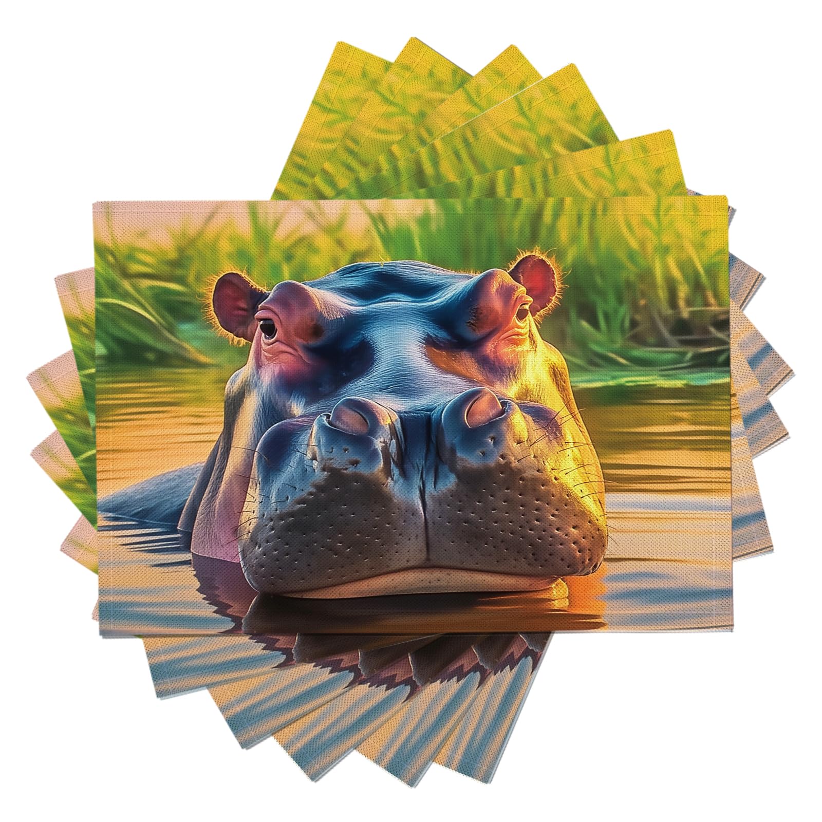 Set di 8 Tovagliette Americane Lavabili Cotone Lino Animale - Tovaglietta Americana Stoffa Resistenti al Calore Durevole Ippopotamo africano- per Colazione Pranzo