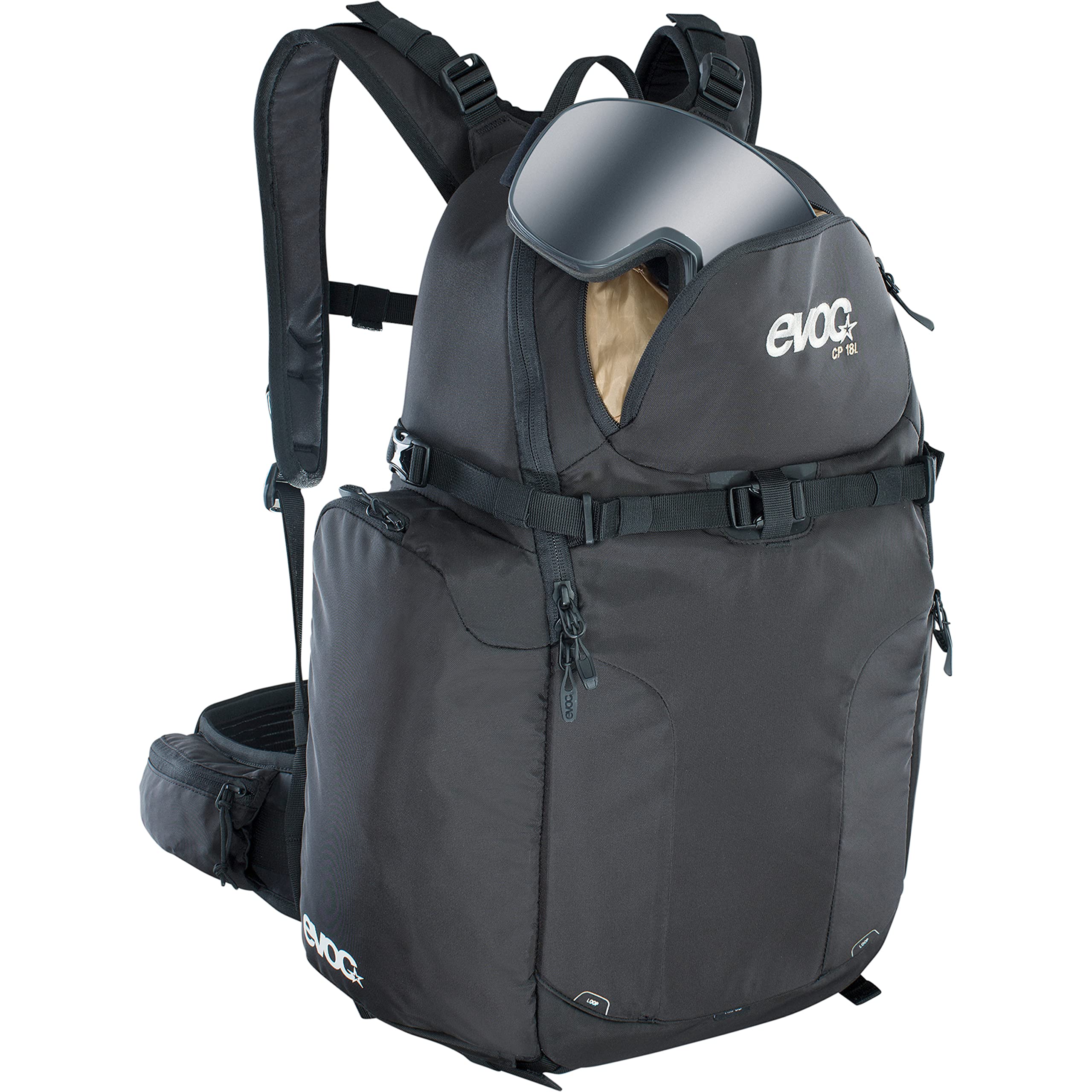EVOC CP 18l Outdoor Camera Backpack per attrezzatura fotografica professionale (sistema di trasporto ergonomico, sistema di cinghie per piccozze, sci, snowboard o treppiede), Nero