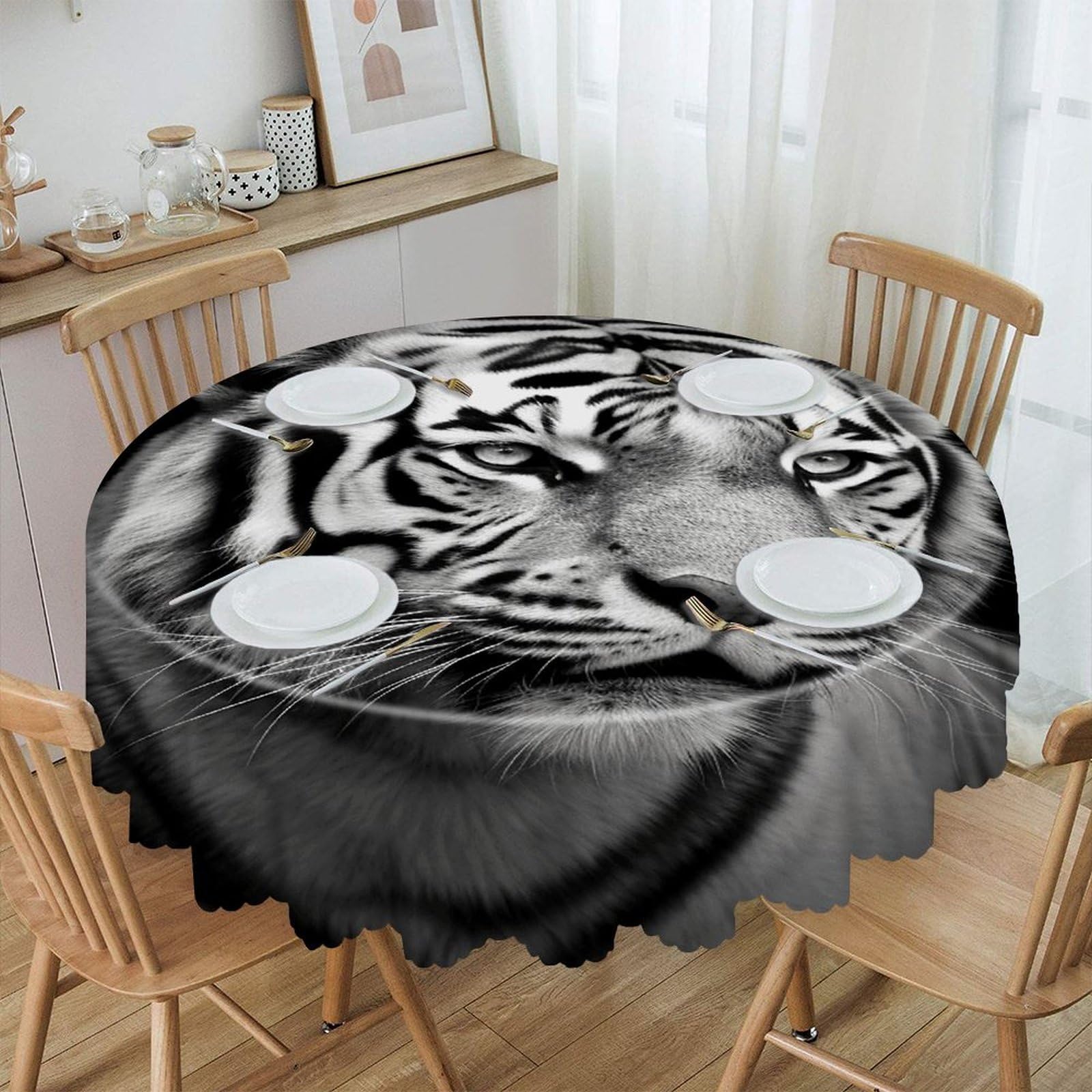 VstaDank Black and White Tiger Round Tablecloth Premium Polyester Table Cloth Heavy Duty Washable Fabric Tablecloth Waterproof Holiday Table Cover Decorative Tablecloths for Dining 60"
