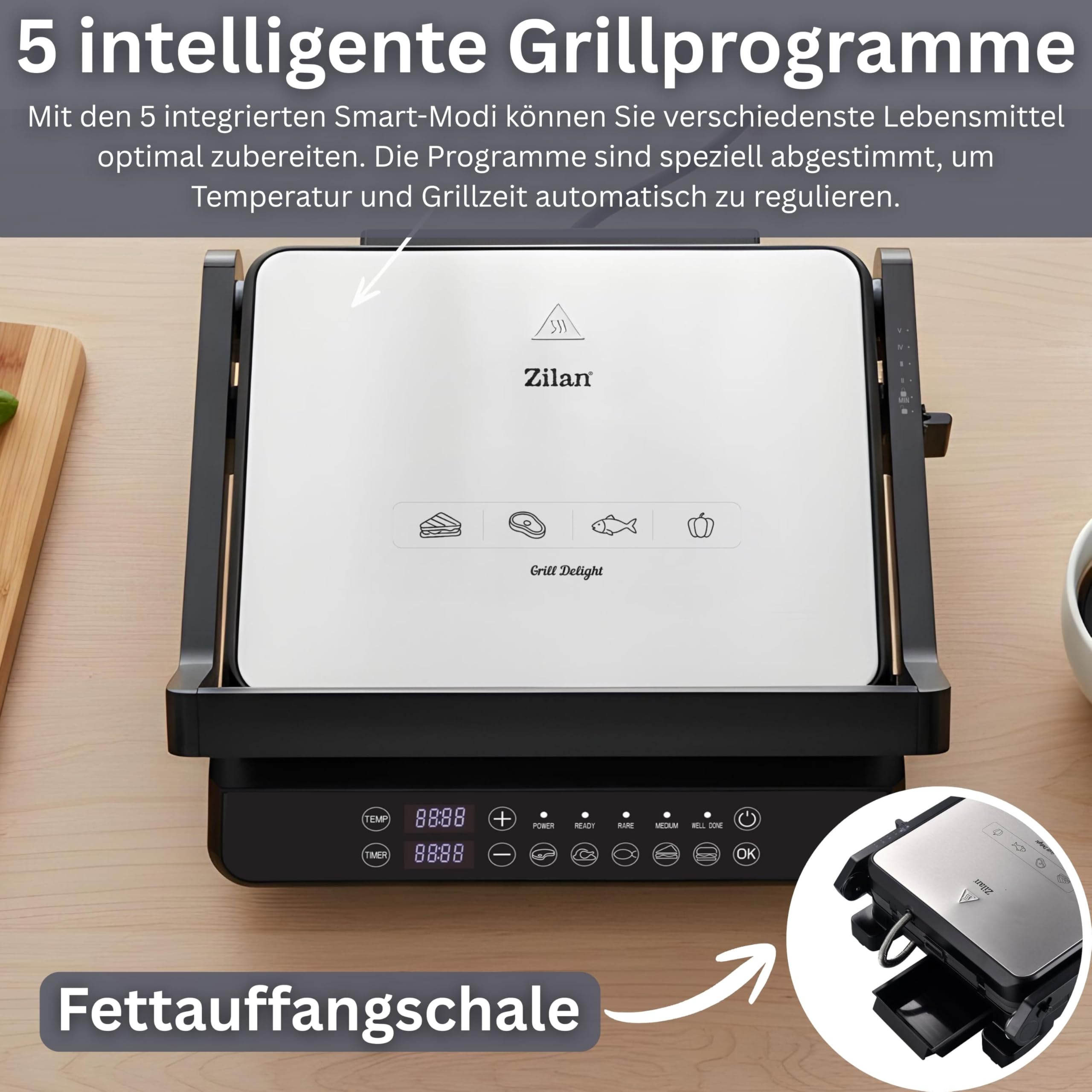 Zilan Digitaler Kontaktgrill abnehmbare Platten spülmaschinengeeignet 2000W Touch Bedienung, 5 Programme elektrischer Grill - Tischgrill - Temperatur- & Timeranzeige - Panini-, Sandwich- & Steakgrill