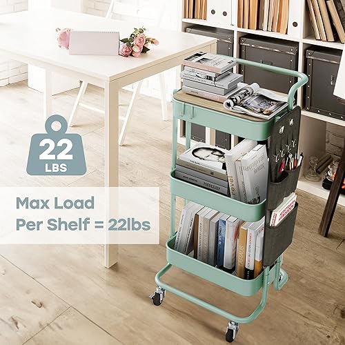 Miniatura 3 de DTK Carrito de metal de 3 niveles con mesa y bolsas laterales, carrito organizador de almacenamiento de bandeja de metal con ruedas, carrito de
