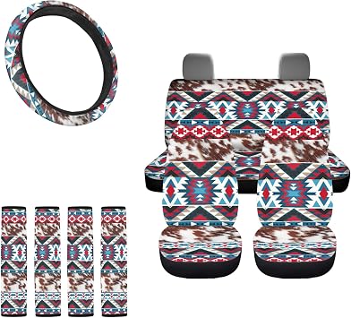 Aztec Seat Covers Full Set with Western Steering Wheel Cover, Shoulder Pads, Cow Print Seat Covers Car Accessories Universal Fit for Most Cars Truck, Red and Blue