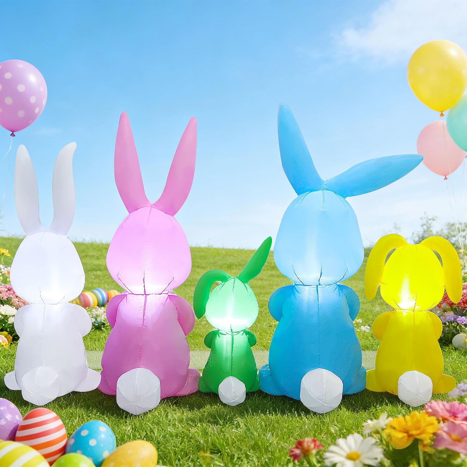 Joliyoou 8FT L Easter Inflatable Outdoor Decoration, Five Colorful Bunnies with Cute Tails, Blow Up Rabbits with Built-in LED Lights for Spring Yard Lawn Garden Party Indoor Outdoor Decor