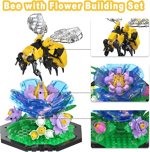 Miniatura 4 de Bloques de construcción de abejas y flores, juegos de bloques de construcción de insectos con flores, mini ladrillos de flores artificiales