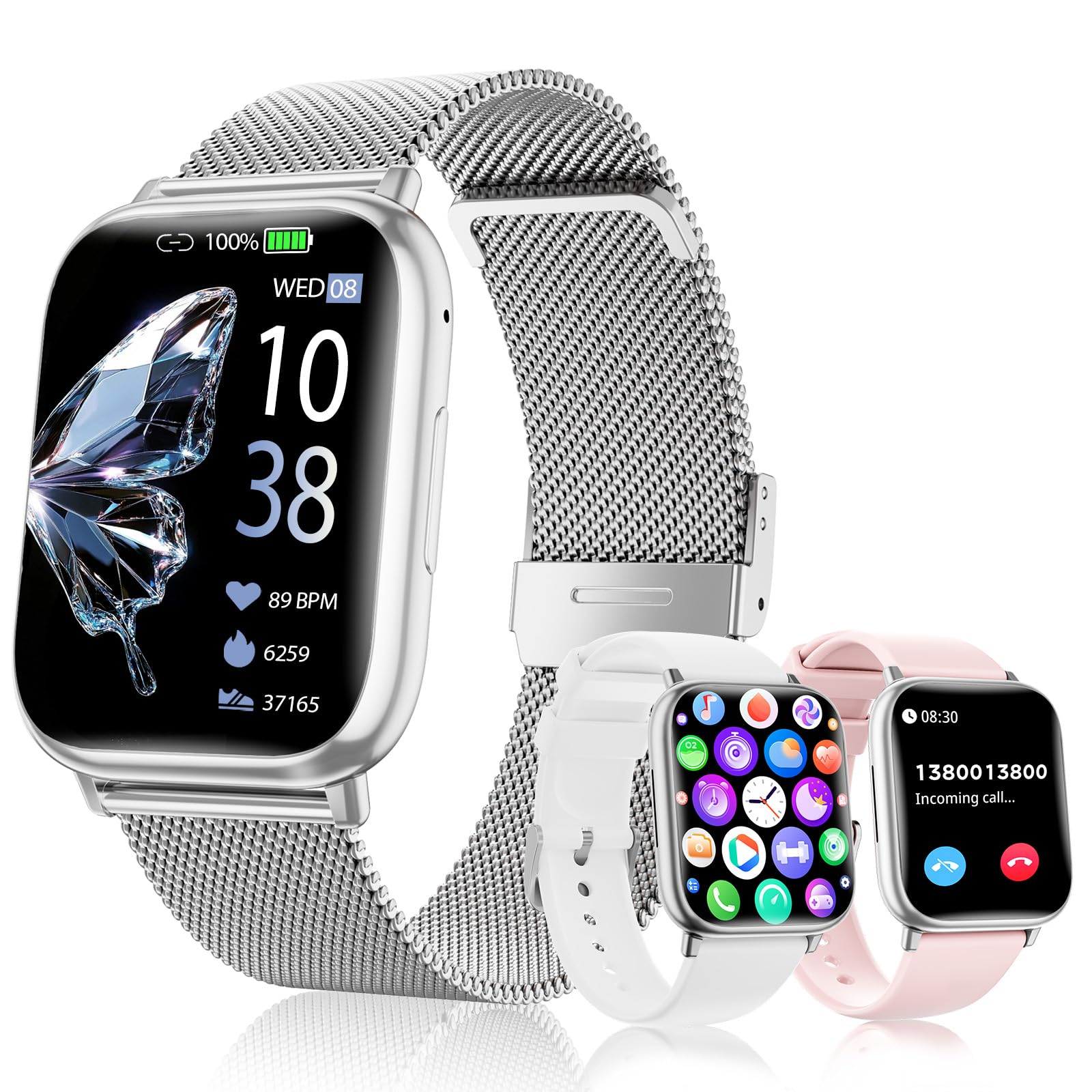 Reloj Inteligente Mujer 1.83" HD Pantalla Táctil Smartwatch con Llamadas Bluetooth Fitness Tracker 120+ Modos Deportivos Pulsometro SpO2 Presión Arterial IP68 Monitor de Sueño Android iOS (Plateado)