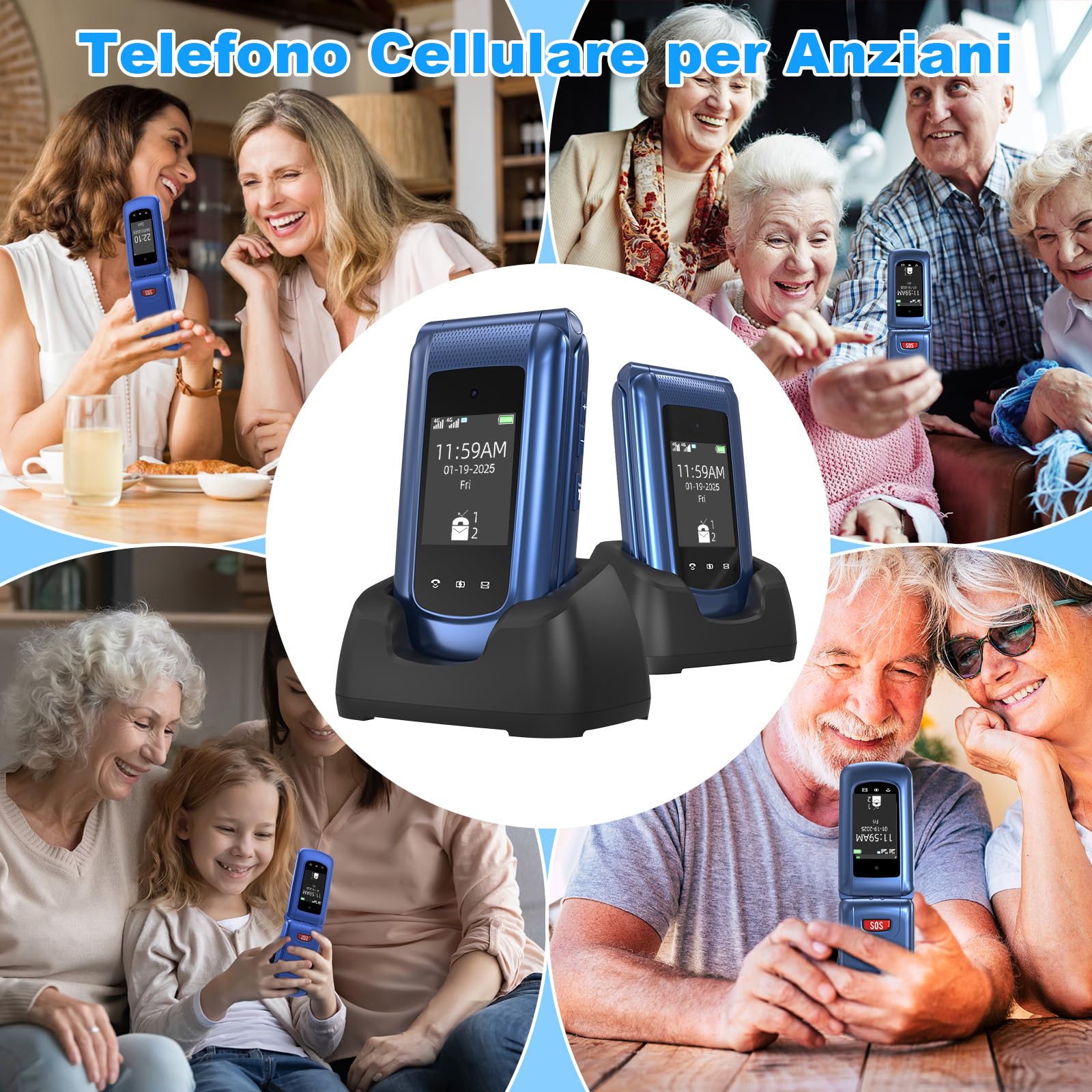 Telefono Cellulare per Anziani 4G, Telefoni Cellulari Tasti Grandi a Conchiglia Volume Alto Schermo da 2,4 e 1,77 Pollici Doppia SIM Funzione SOS Base di Ricarica Chiamata Rapida Torcia Sveglia, Blu