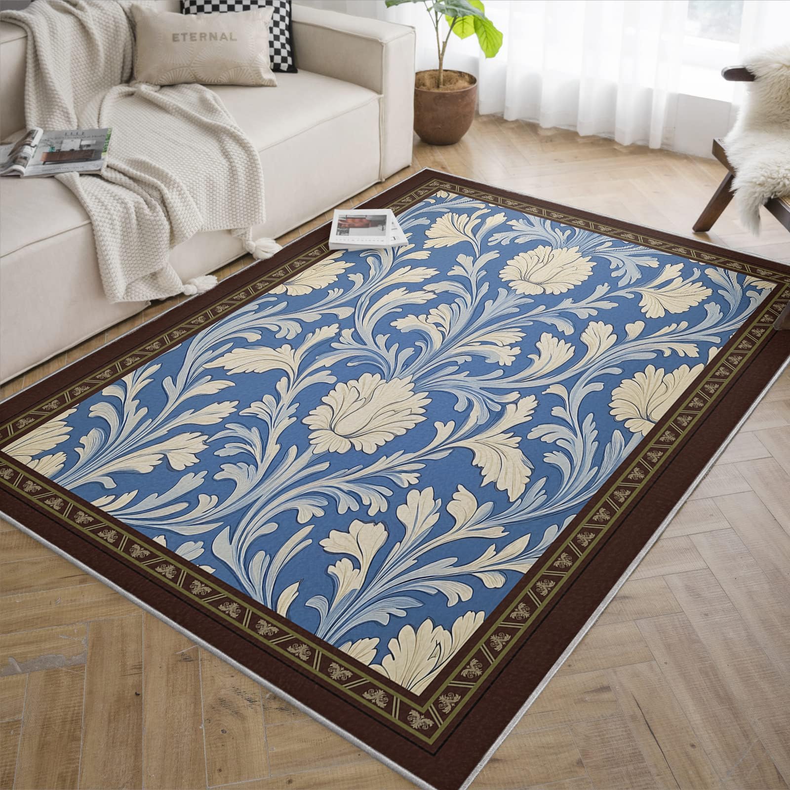 Tapis à poil bas lavable crème et bleu marine pour entretien facile