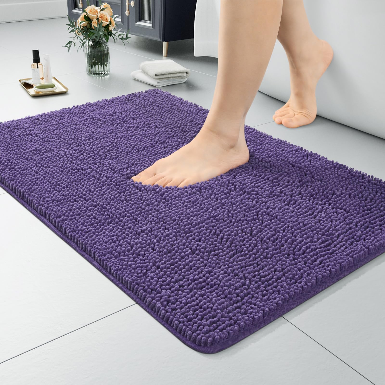 LOCHAS Luxury Bathroom Rug Shaggy Bath Mat 24 x 17 Inch, Washable Non Slip Bath Rugs for Bathroom Shower, Soft Plush Chenille Absorbent Carpets Mats,