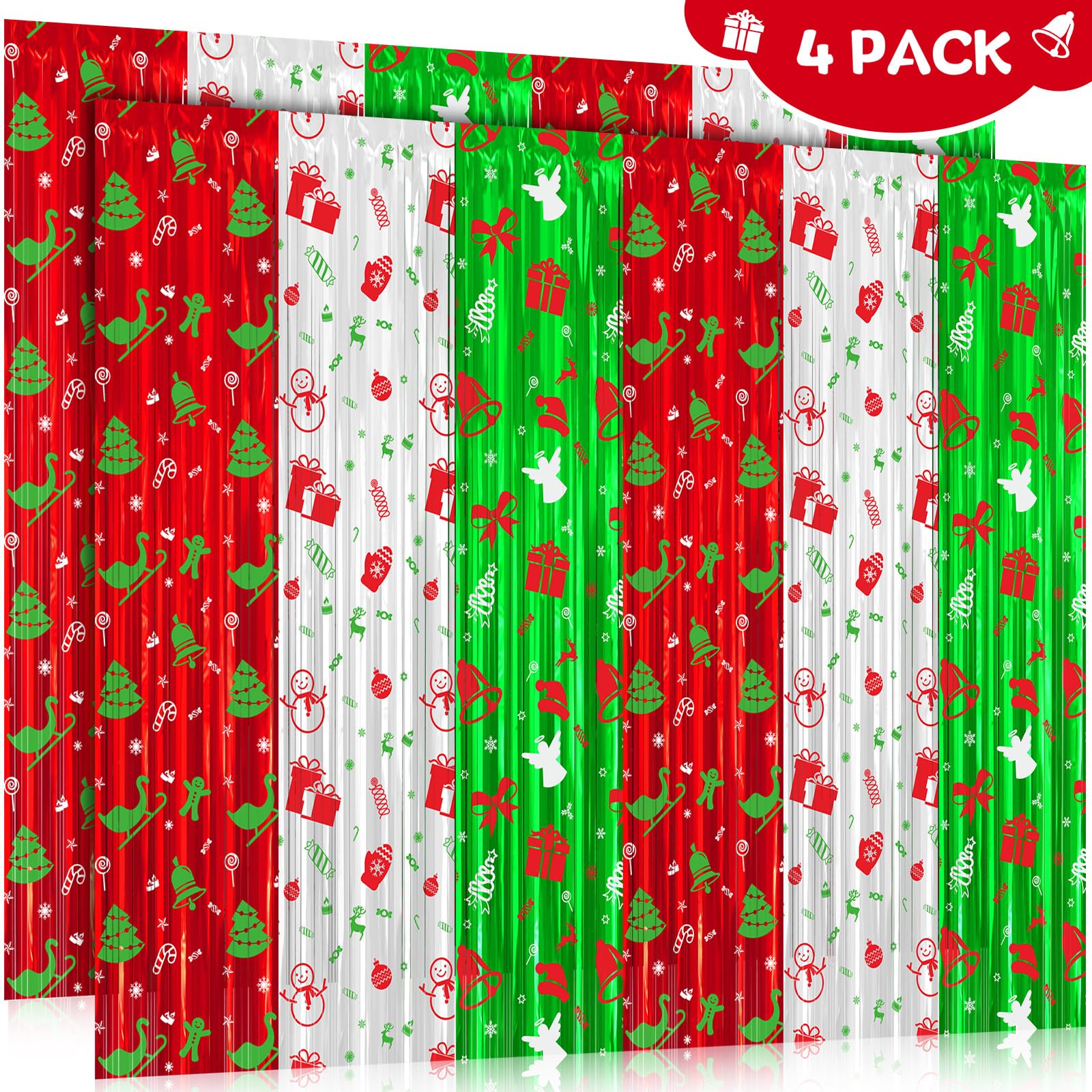 Buryeah 4 Pcs Christmas Foil Fringe Curtain Xms Themed Pattern Party Decoration Red Green Silver Tinsel Fringe Photo Streamer Backdrop for Ugly Sweater Party New Year Photo Backdrop (9.9 x 6.6 ft)