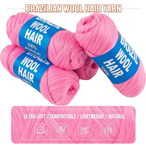 Miniatura 4 de 2 piezas de cabello de lana brasileña rosa para trenzas, hilo acrílico para tejer a mano para trenzar el cabello, extensión de cabello, trenzas de