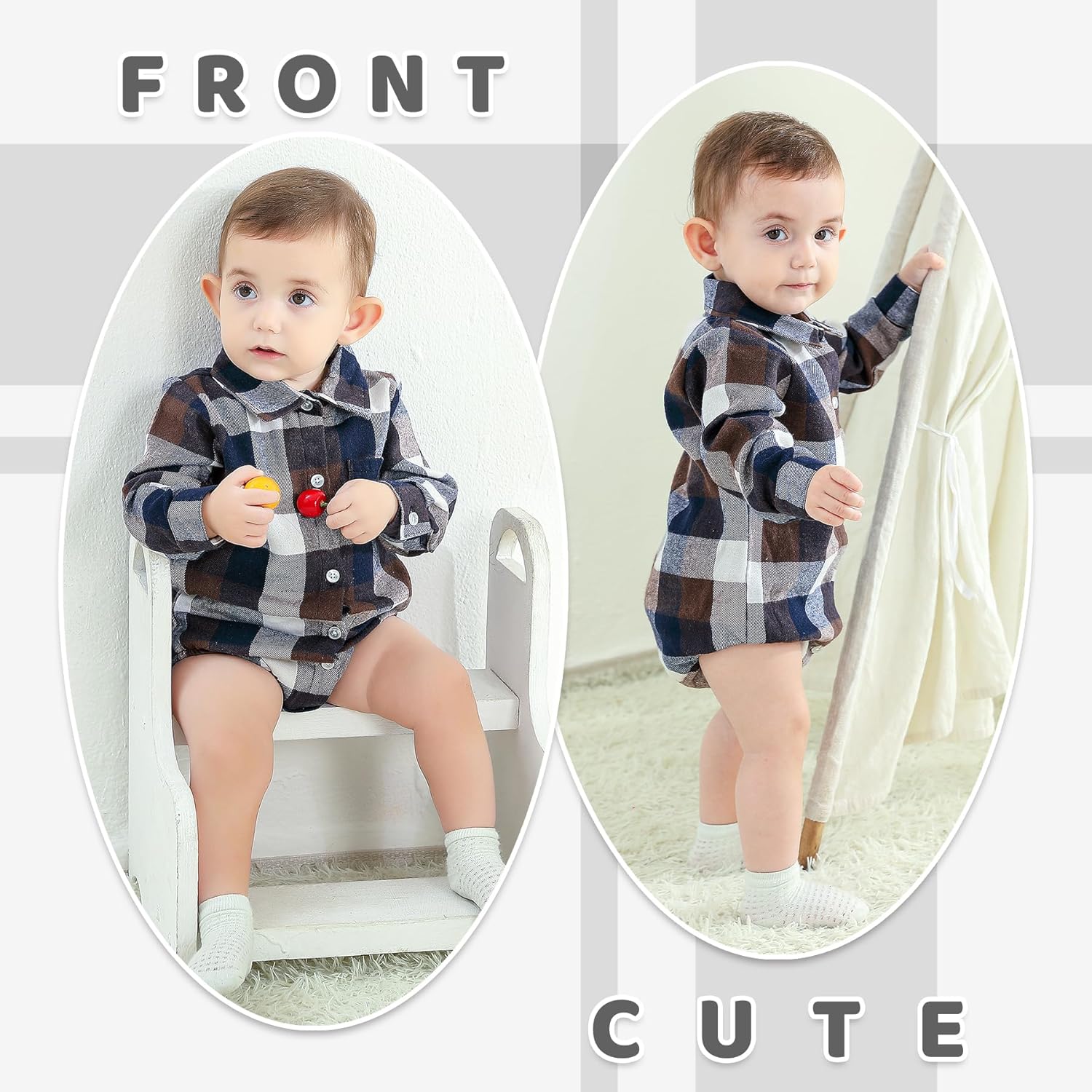 HAPPYMA Newborn Baby Boy Girls Plaid Outfit Flannel Romper Tops Infant Long Sleeve Button Down Plaid Casual Bodysuit Clothes - Image 2