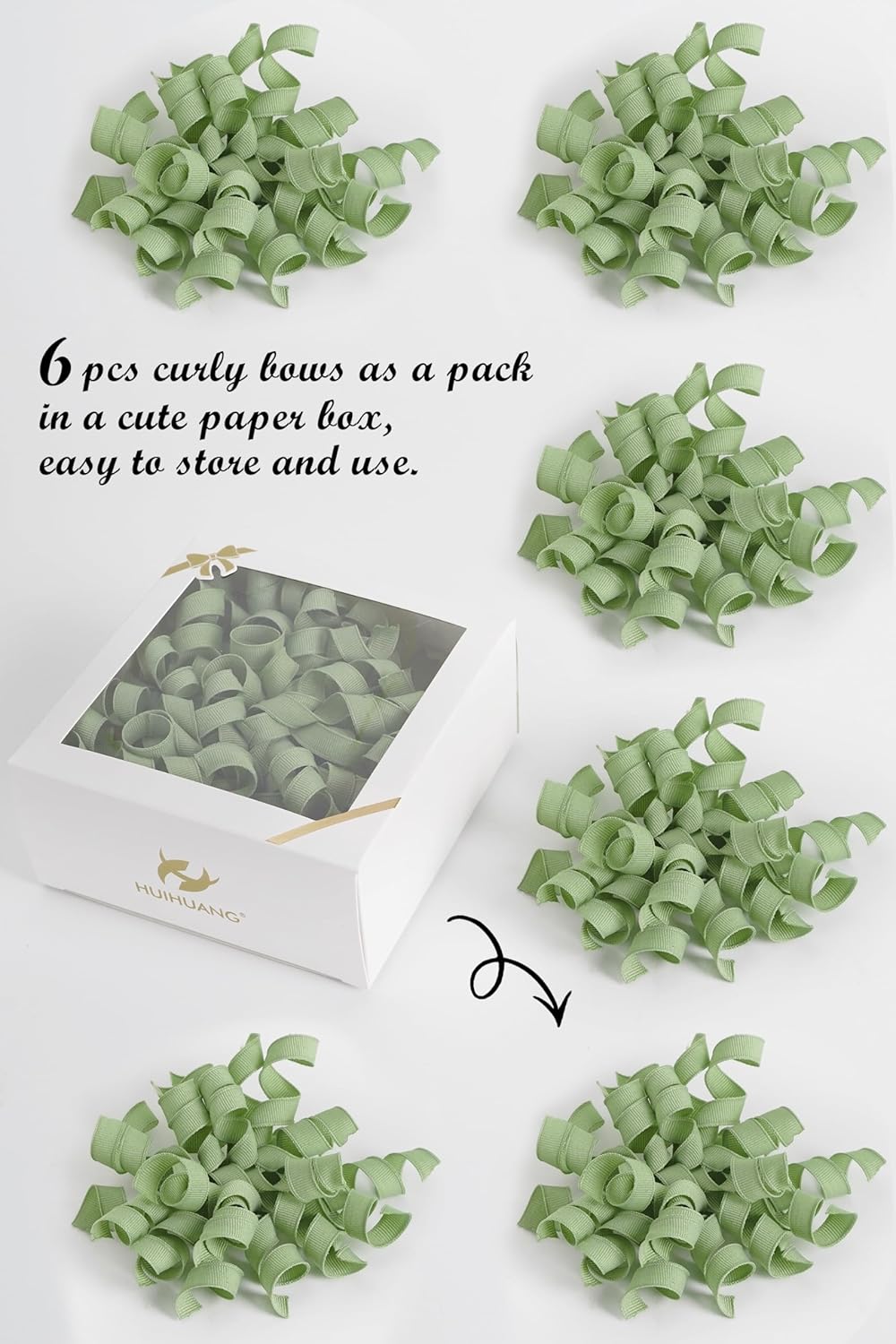 HUIHUANG Sage Green Bows for Gift Wrapping, Sage Curly Ribbon Bows Self Adhesive Burst Gift Bow for Presents, Wine Bottle, Treat Bags, Wrap Accessories, Bridal Shower Wedding Party Favor - 6 Counts - Image 5