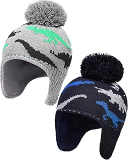 Geyoga Baby,Clothing,Baby Boys 0-24m,Accessories,Hats & Caps 2 Pieces Boy Winter Hat Baby Knit Hat Toddler Winter Earflap Beanies Infant Dinosaur Knitted Cap Newborn Warm Fleece Lined Snow Ski Cap with Pompom,Years 1-2 Black