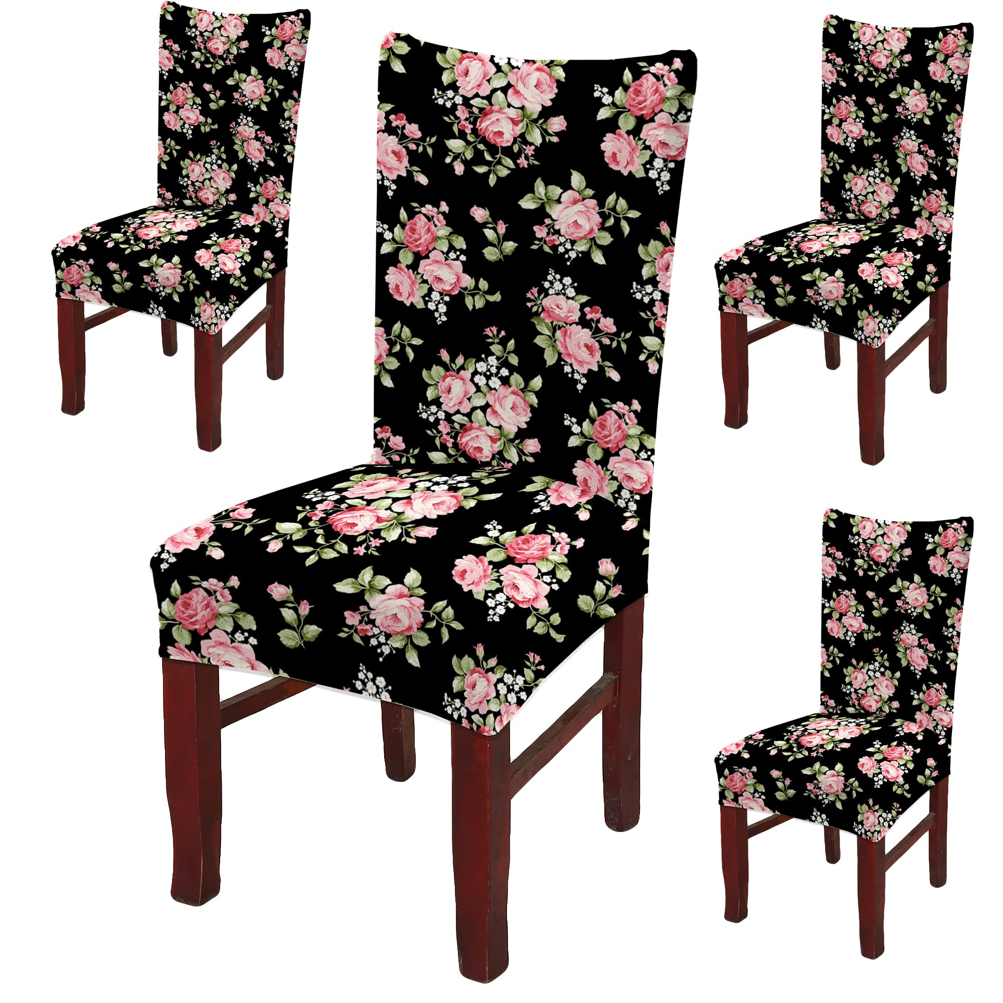 BRIDA® Stretchable Floral Printed Dining Chair Covers Elastic Chair Seat Case Protector, Slipcovers (4 Chair Cover, Black Pink), Polycotton Spandex