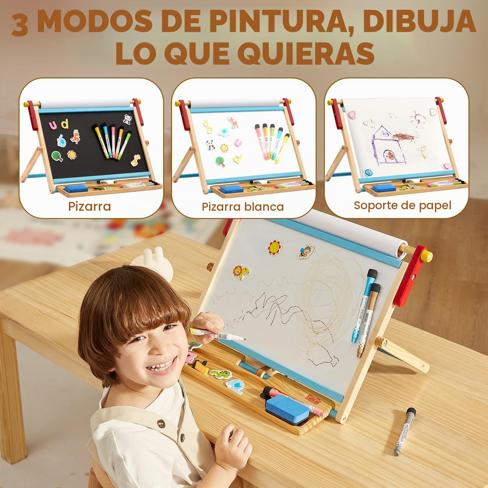 FUNLIO Caballete de Mesa 3-en-1 para Niños 3+ (100+ accesorios), Pizarra Magnética Doble Cara, Pizarra Infantil de Madera con Rollo de Papel, 3 Ángulos Ajustables, Plegable - Azul