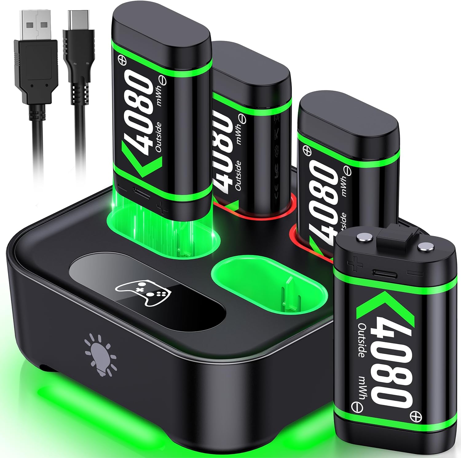 Upgraded Fast Charging Rechargeable Battery Packs for Xbox, 4 x 4080mWh Xbox Controller Batteries with Charger Dock & Light Control for Xbox Series X|S, One S/X/Elite Controllers, Console Accessory